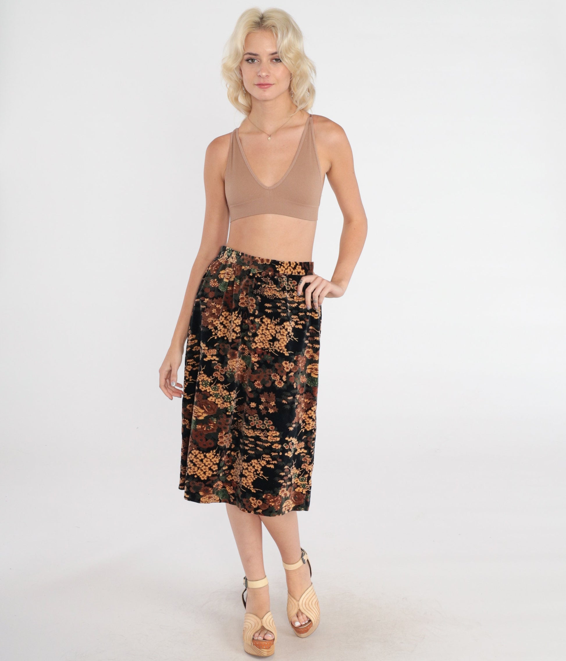 80s Black Velvet Floral Midi Skirt High Waisted Pencil Cut Small