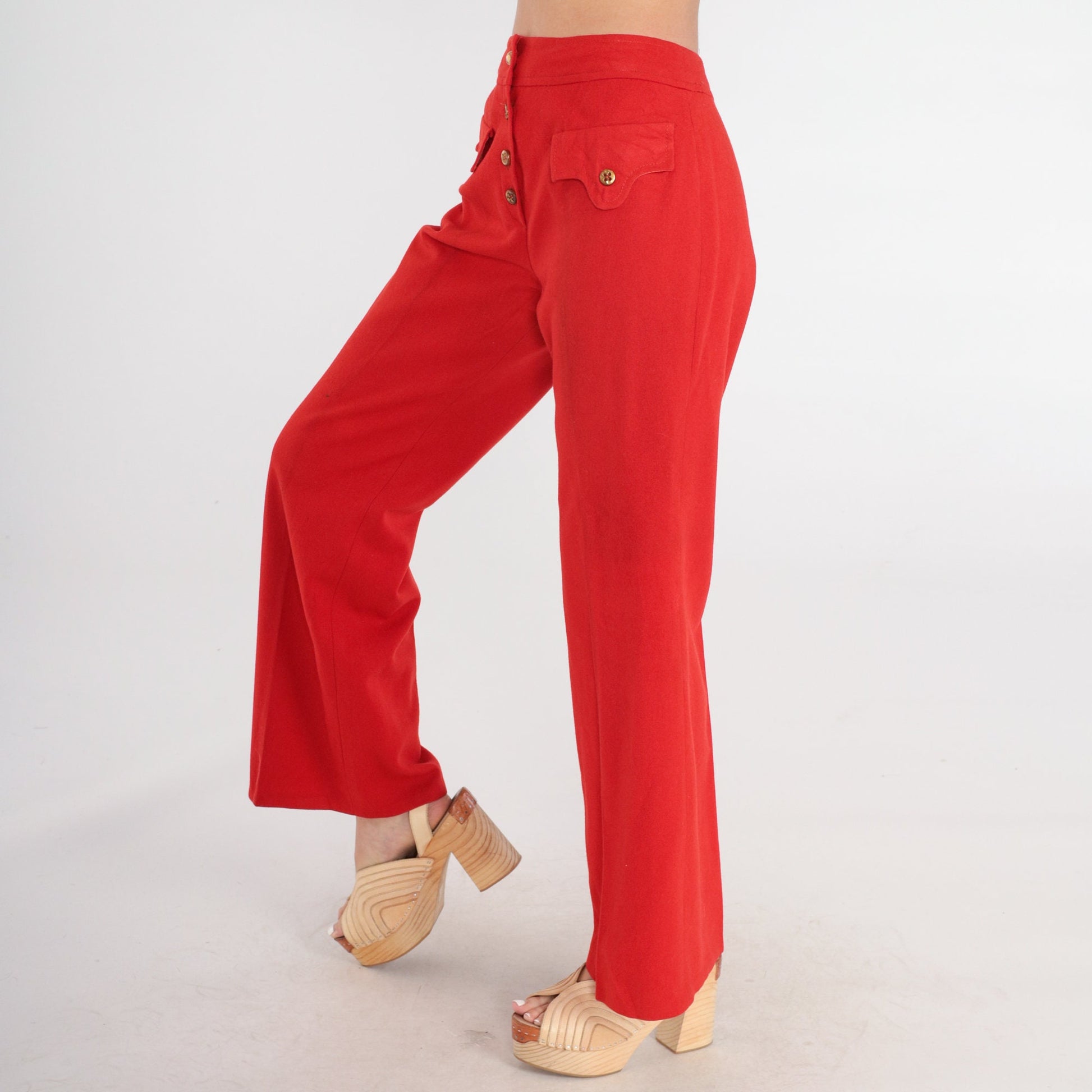 70s Red Wool Bell Bottom Trousers High Waist Button Fly Small