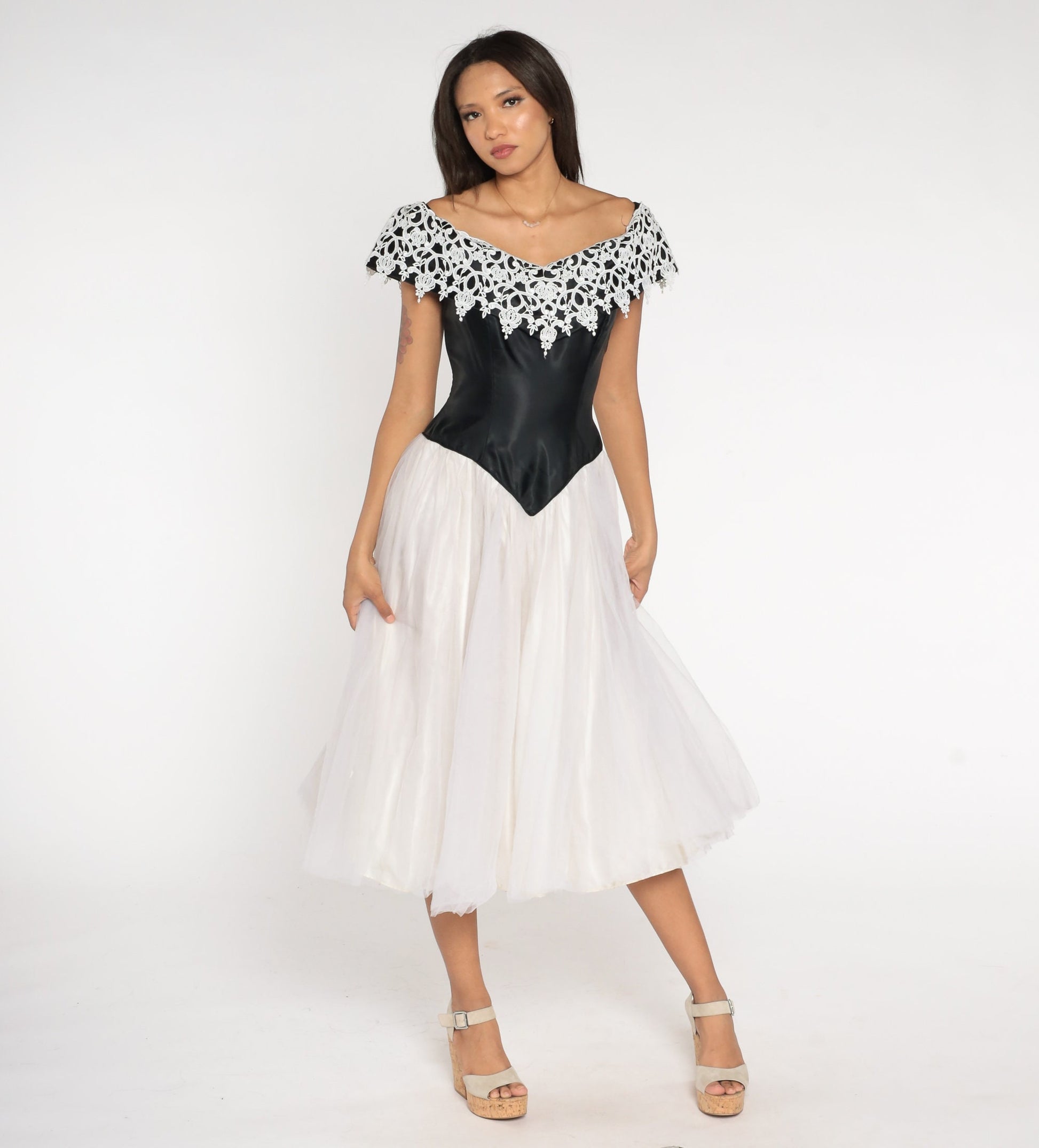 80s Black White Lace Off-Shoulder Tulle Midi Dress Basque Waist Extra Small