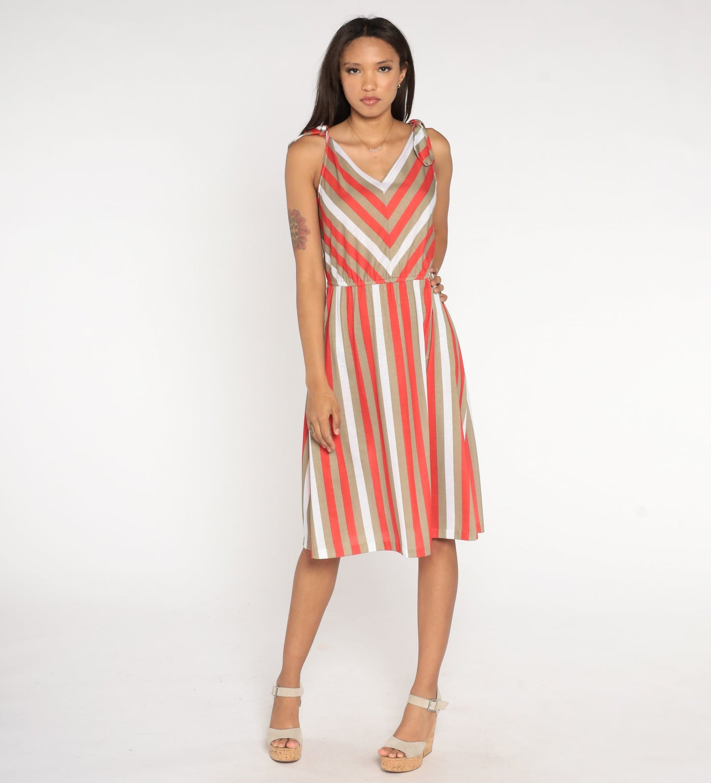 80s Striped Sundress Red Taupe White Sleeveless High Waist Tie Shoulder Small