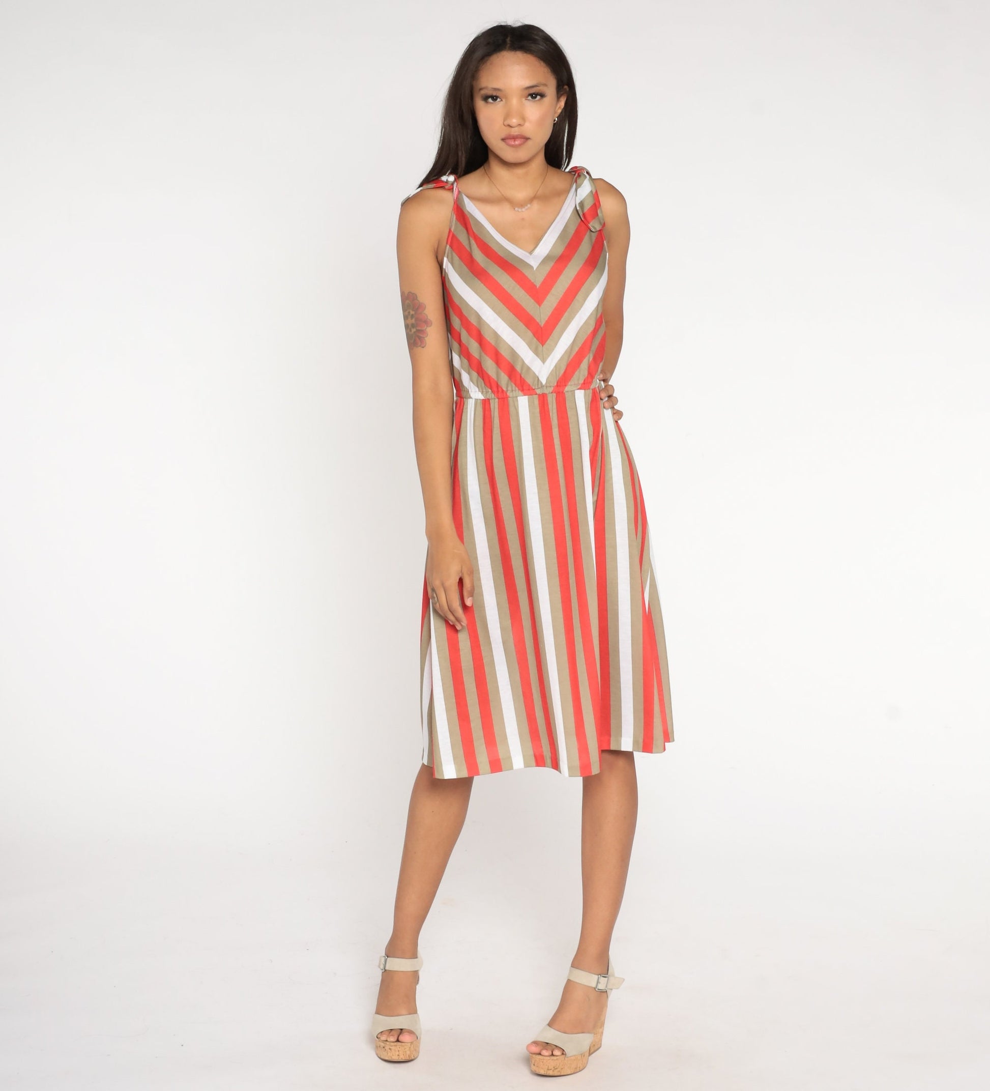 80s Striped Sundress Red Taupe White Sleeveless High Waist Tie Shoulder Small