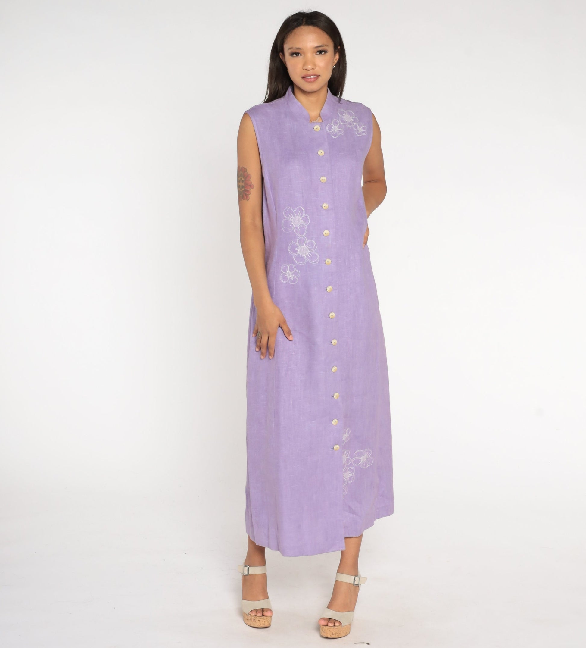 90s Harvey Benard Lavender Linen Maxi Dress Floral Embroidery Mandarin Collar Large