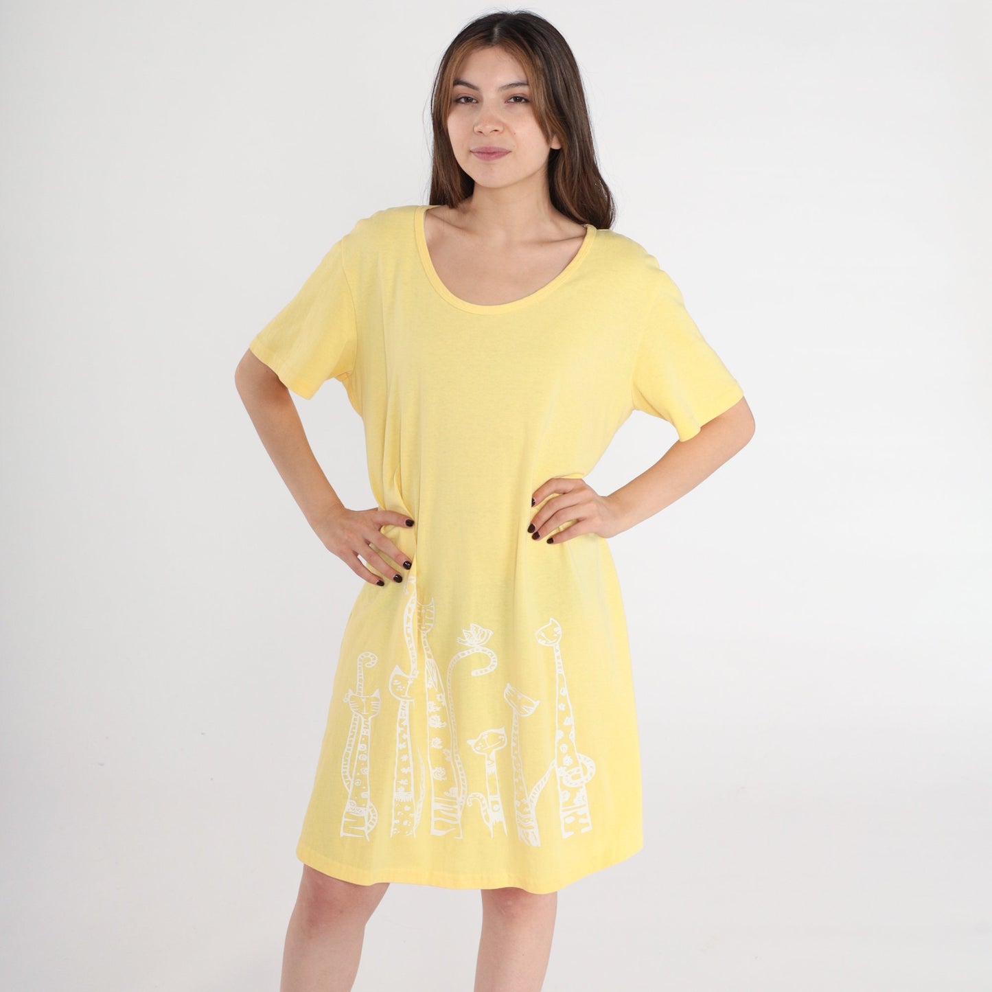 90s Yellow Cat Print T-Shirt Dress Shift Scoop Neck Mini Medium
