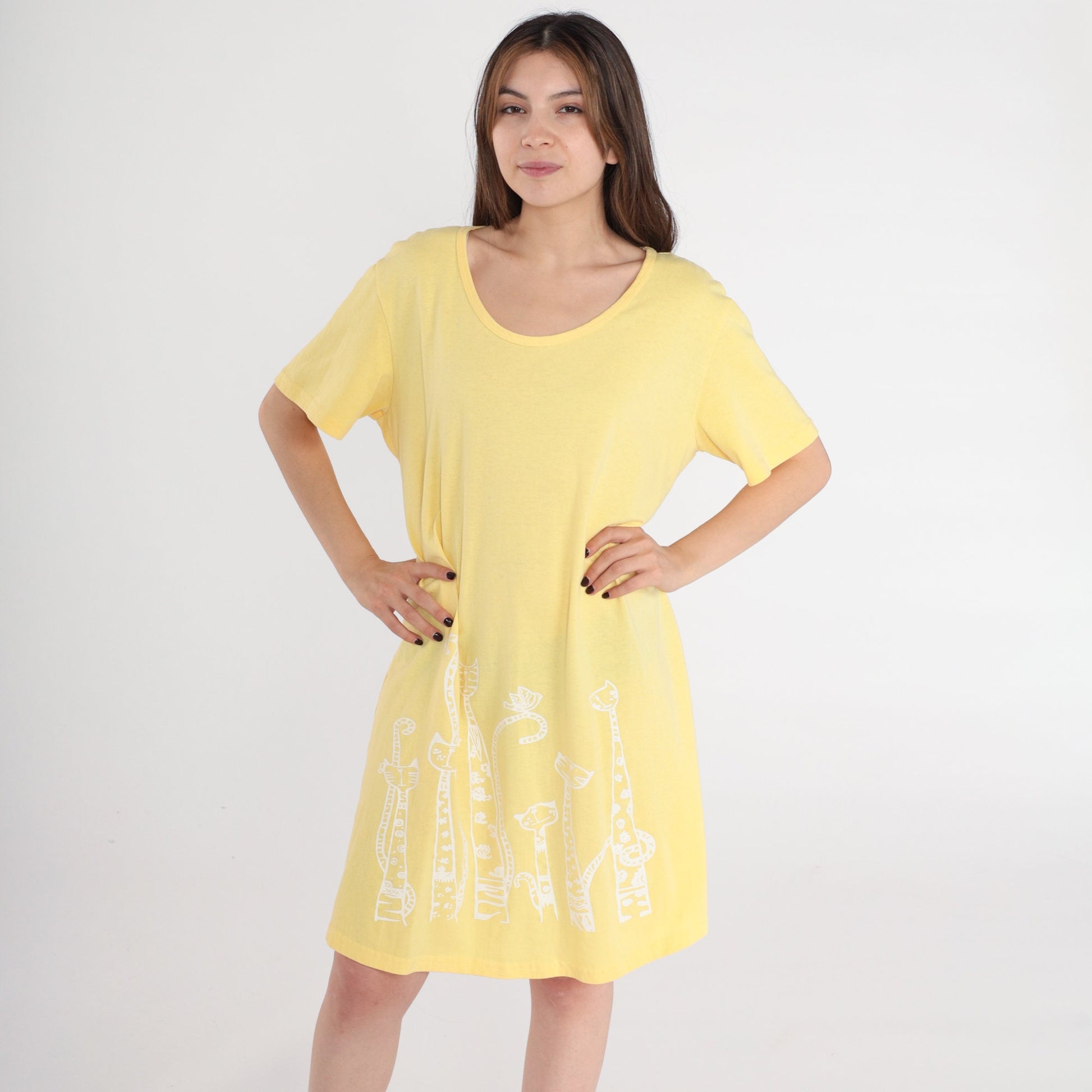 90s Yellow Cat Print T-Shirt Dress Shift Scoop Neck Mini Medium