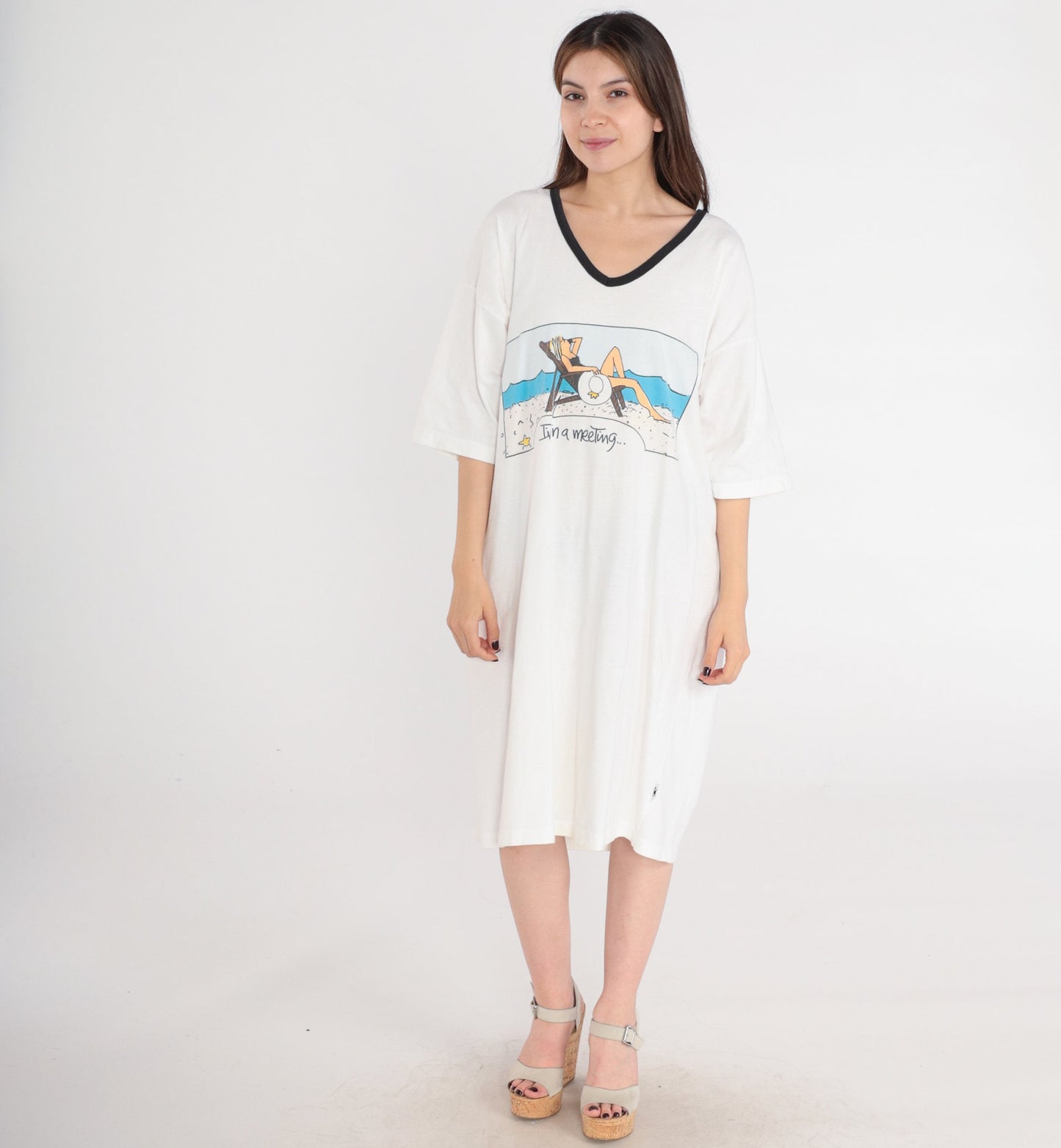 90s I'm In a Meeting Graphic T-Shirt Dress White Cotton Midi One Size