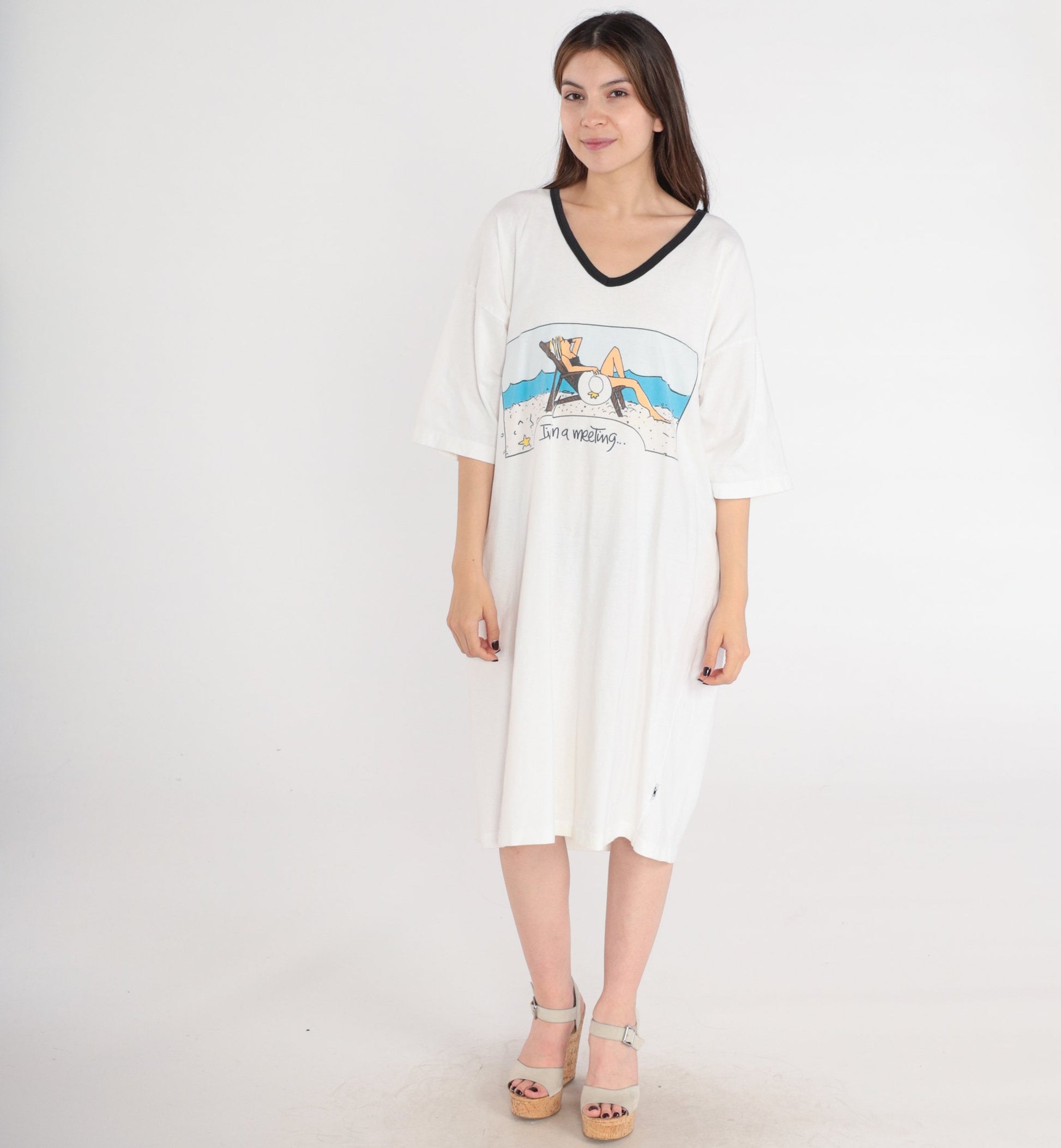 90s I'm In a Meeting Graphic T-Shirt Dress White Cotton Midi One Size