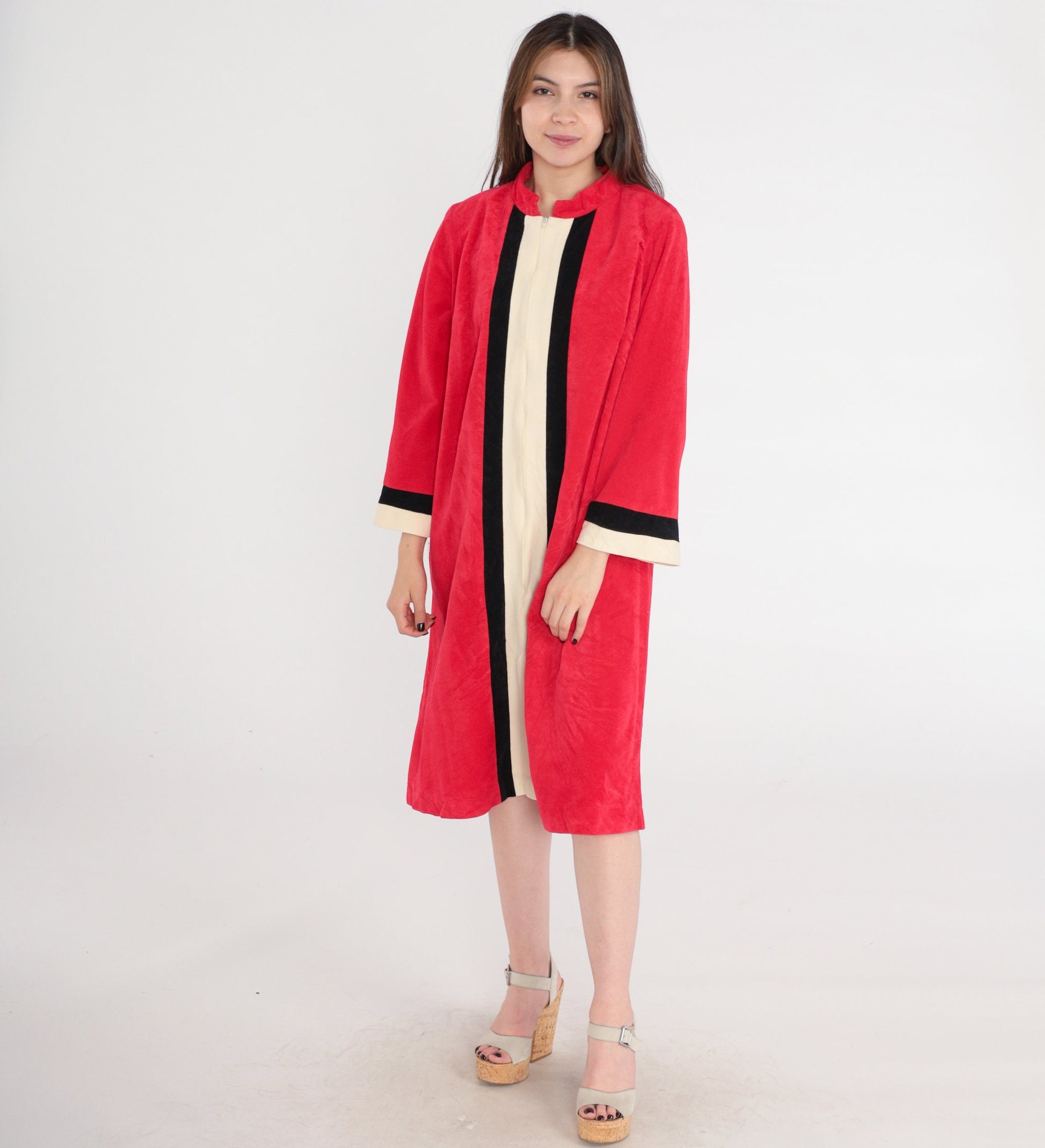 70s Red Striped Velour Robe Dress Mini Shift Front Zip Lounge Medium Large