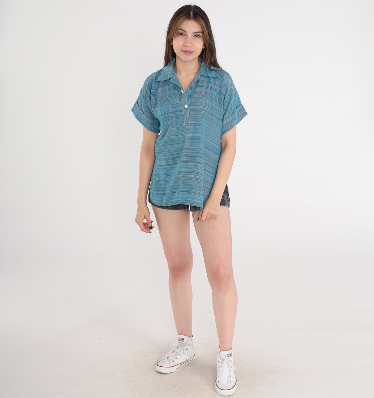 90s Blue Striped Polo Shirt Chest Pocket Collared Short Sleeve Extra Small