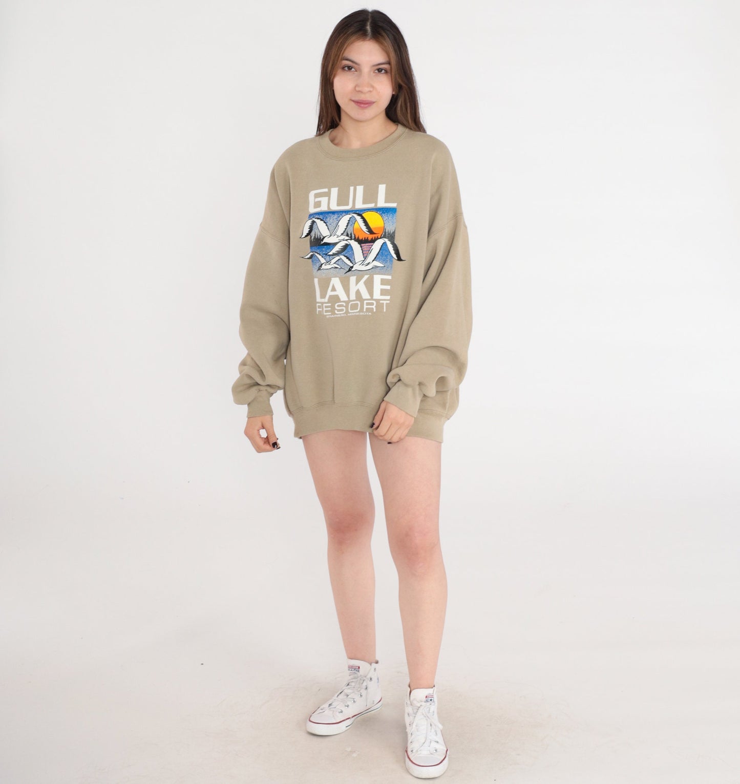 80s Gull Lake Resort Brainerd Minnesota Sweatshirt Seagull Sunset Taupe Extra Extra Large XXL