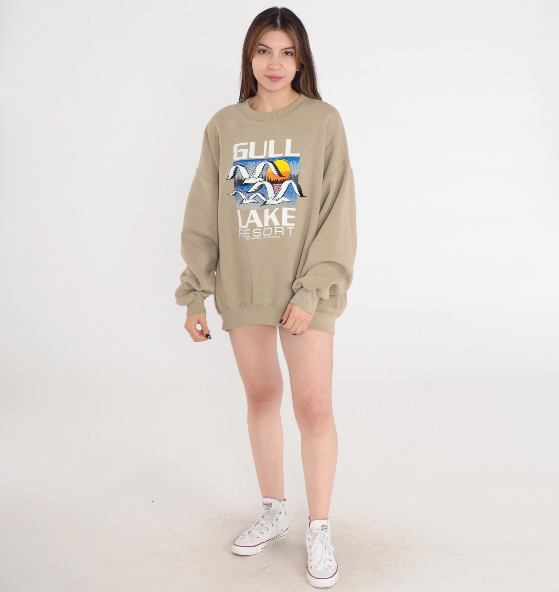 80s Gull Lake Resort Brainerd Minnesota Sweatshirt Seagull Sunset Taupe Extra Extra Large XXL
