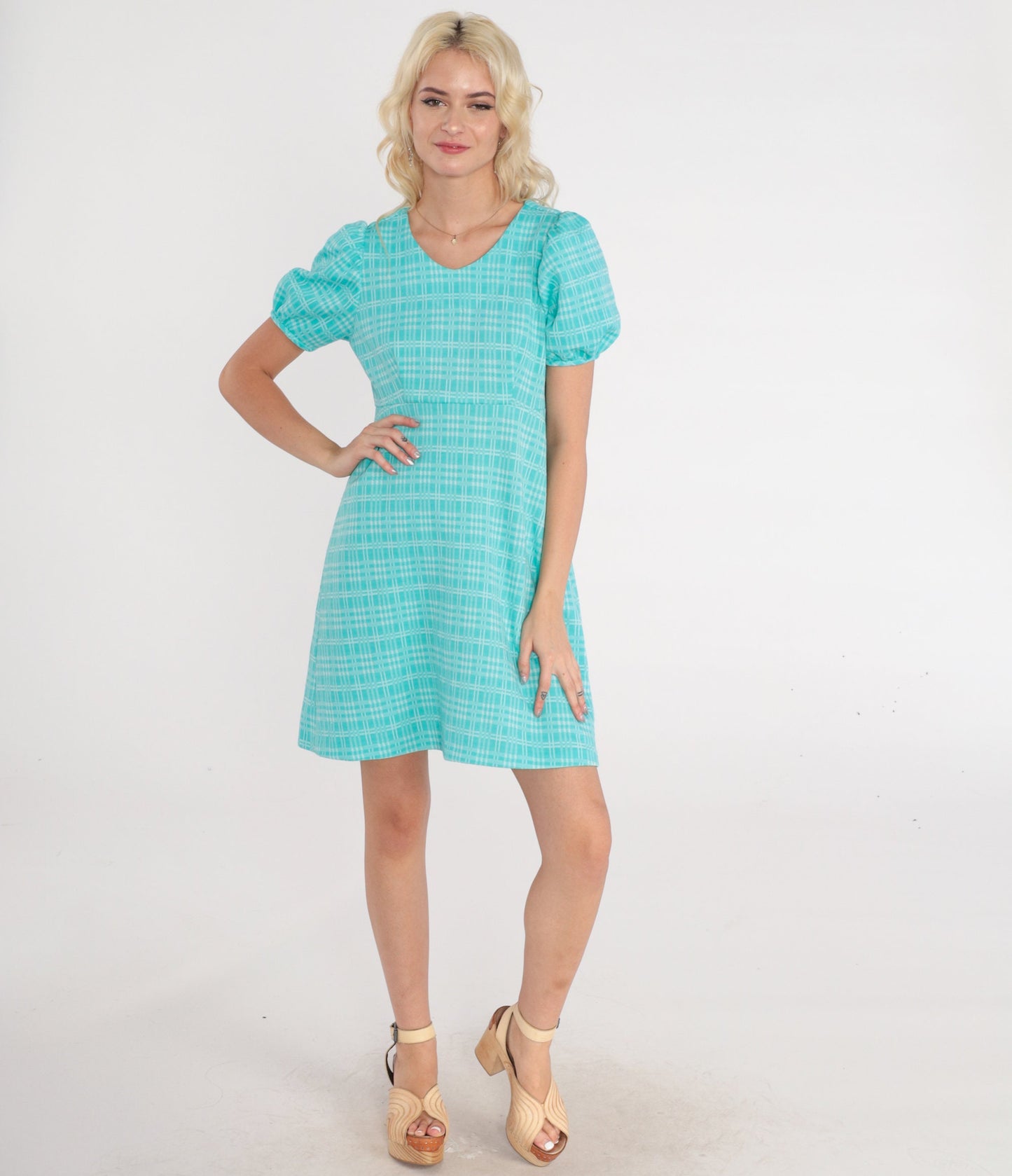60s Blue Checkered Babydoll Dress Empire Waist Puff Sleeve Mini Small
