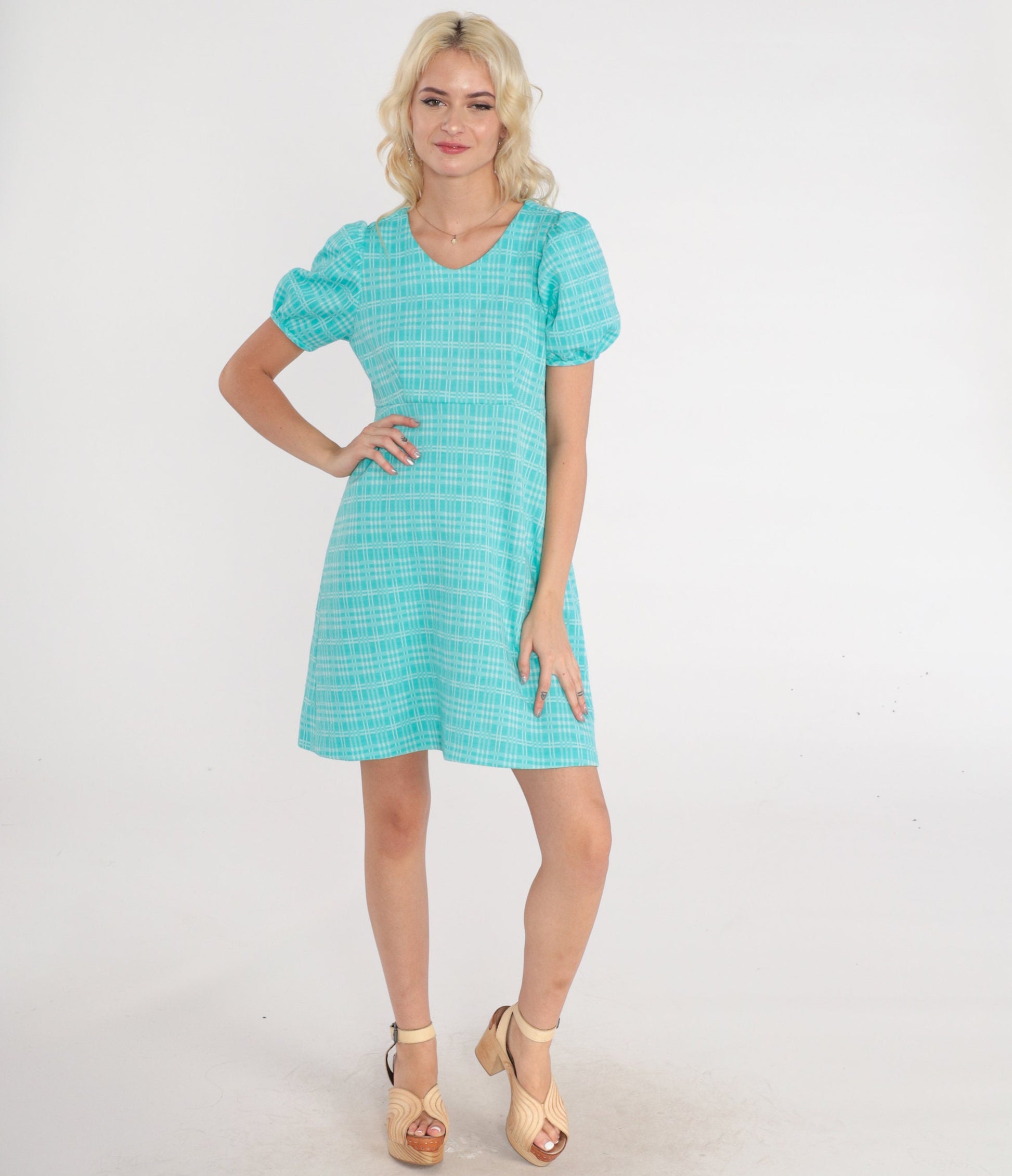 60s Blue Checkered Babydoll Dress Empire Waist Puff Sleeve Mini Small