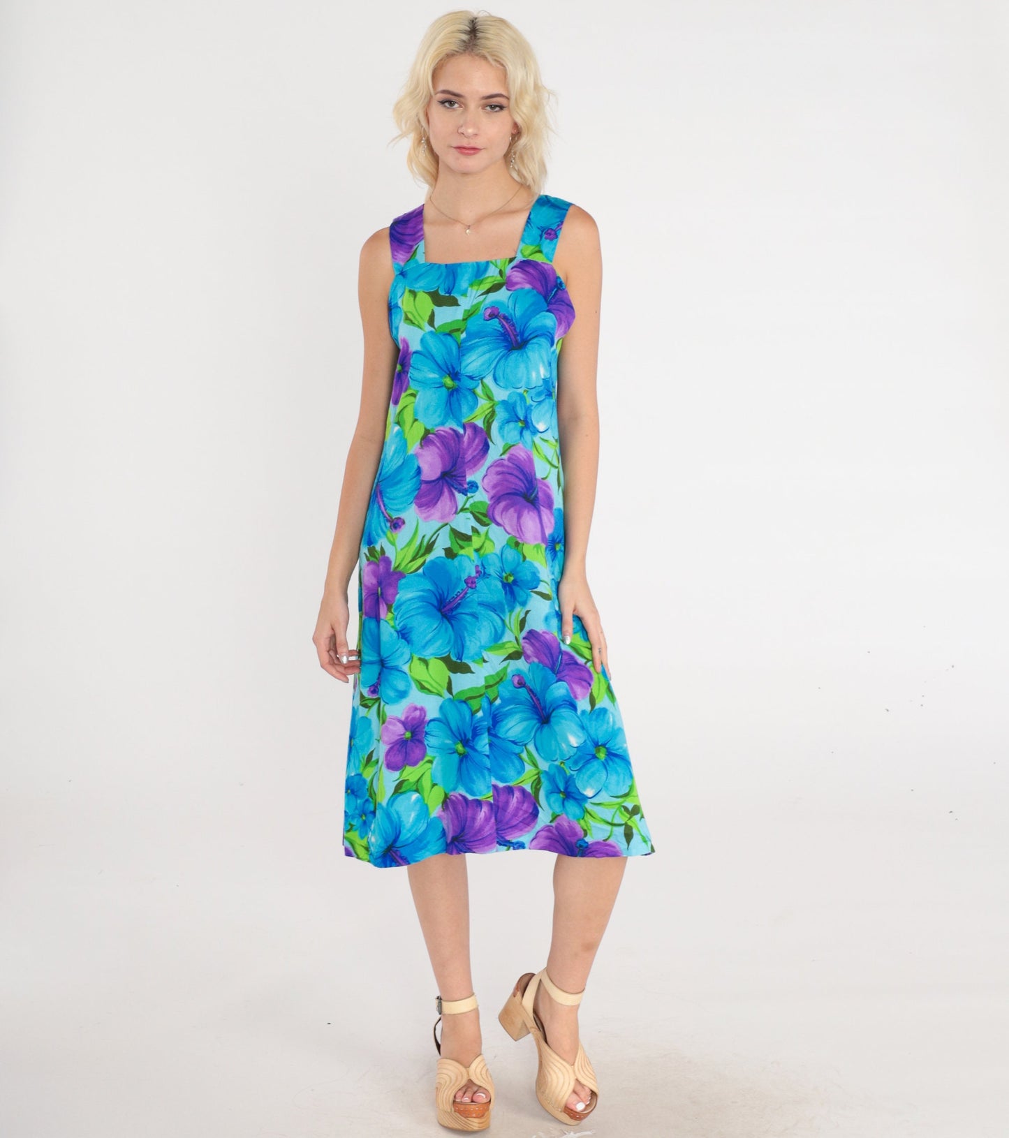 70s Tropical Floral A-Line Sundress Sleeveless Knee-Length Cotton Small