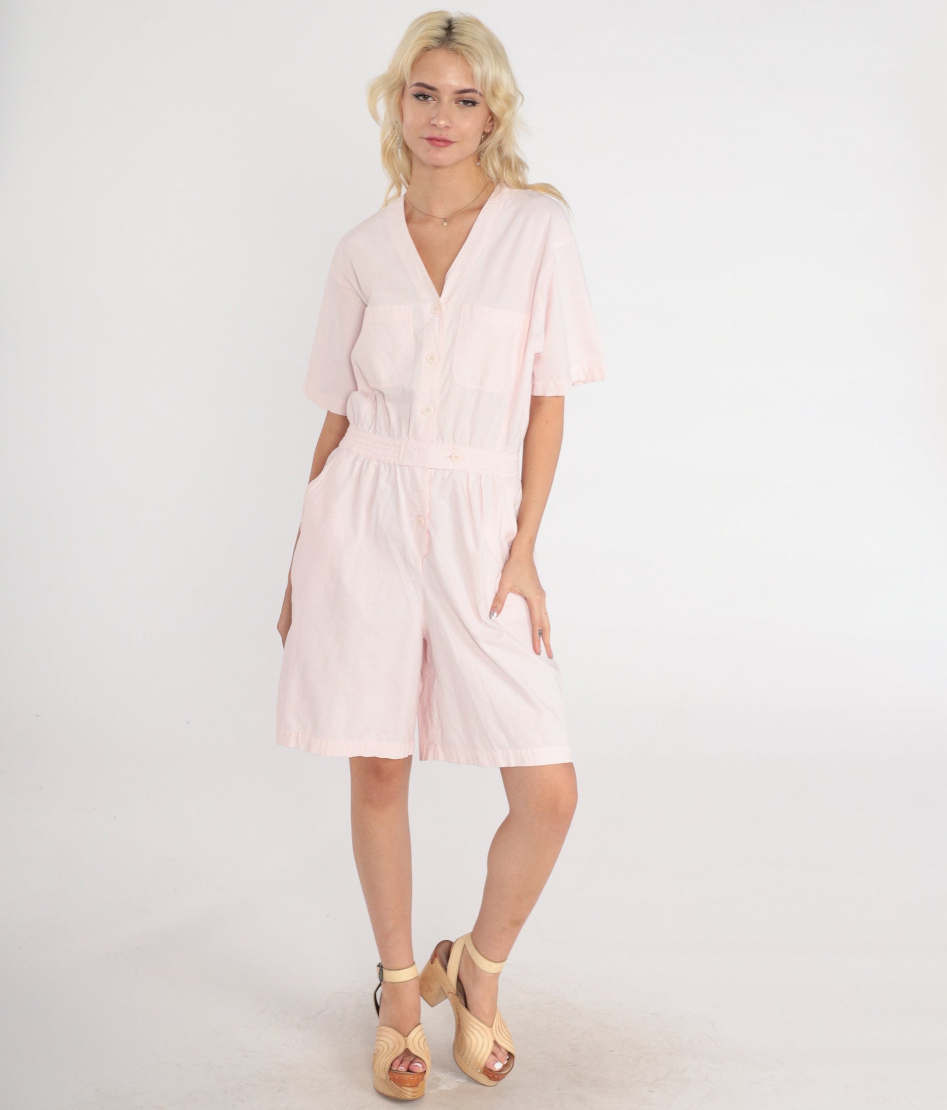 90s Baby Pink Cotton Romper Button-Up V-Neck Chest Pockets Medium