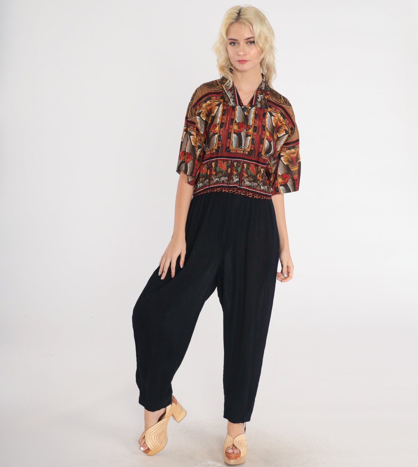 90s Phoebe Abstract Floral Griffin Jumpsuit High-Waisted Tapered Black Large