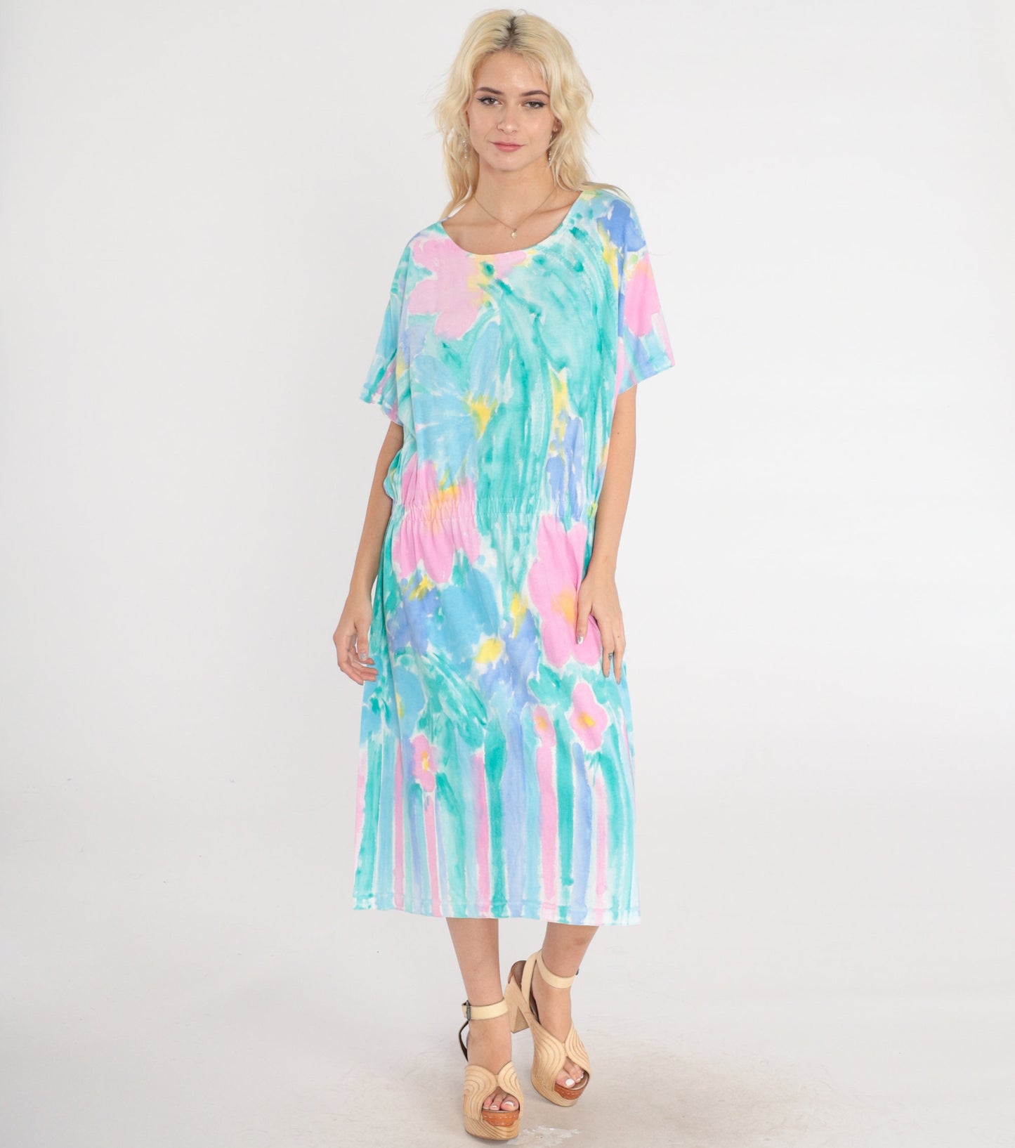 90s Watercolor Floral Midi Dress High Waist Short Sleeve Pink Green Large