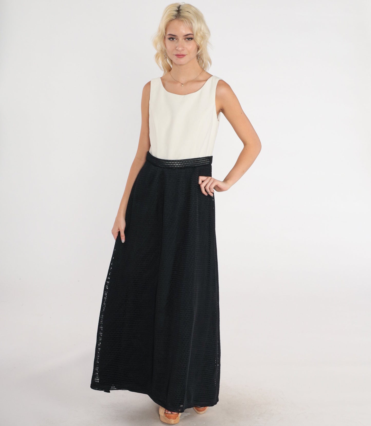 90s Black and White Maxi Dress Sleeveless Low Back High Waist Small