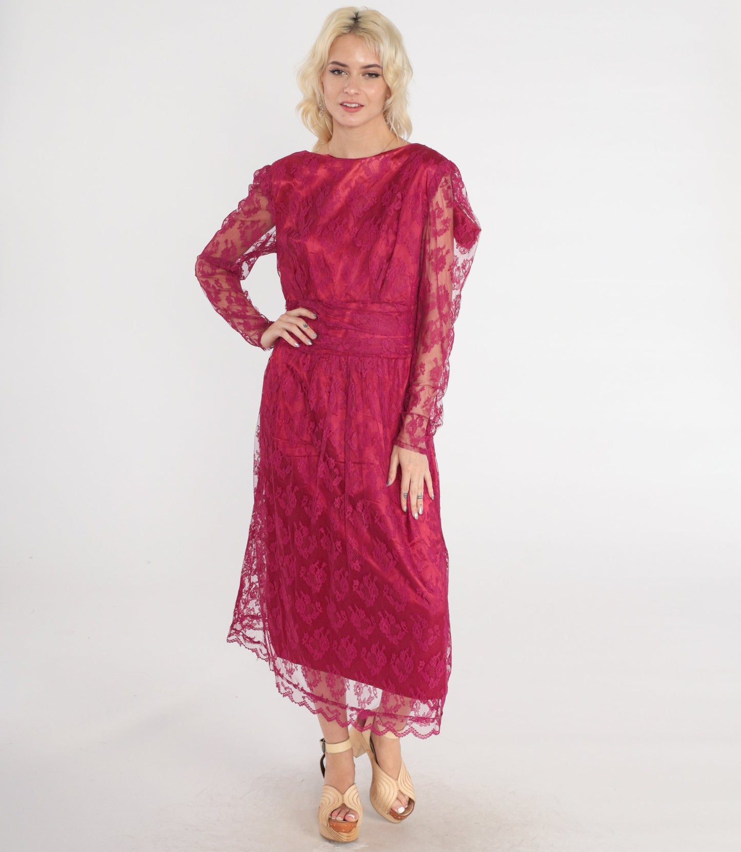 70s Raspberry Lace Midi Dress Puff Sleeve High Waist Low Back Medium