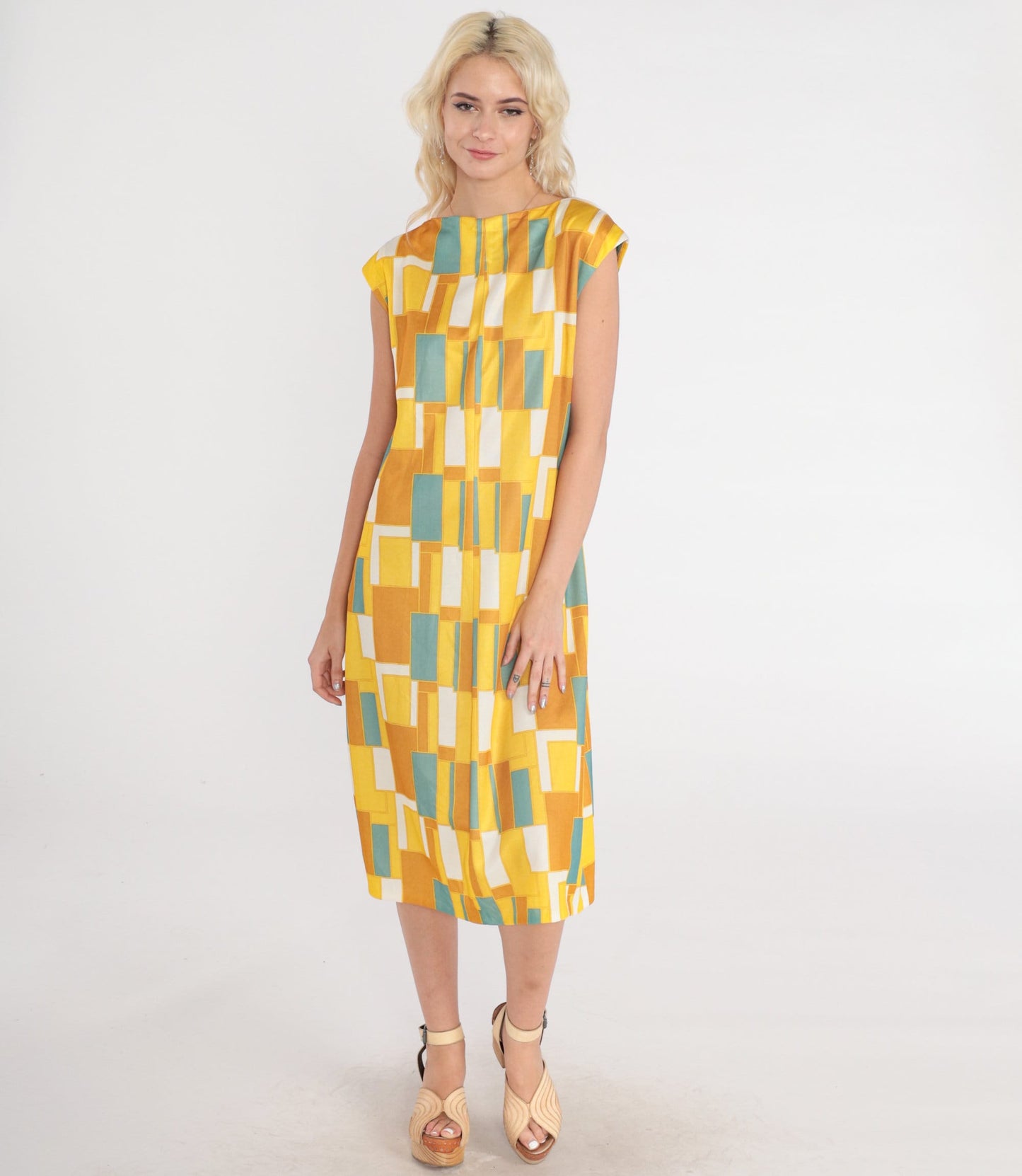 70s Mod Geometric Yellow Midi Dress A-Line Cap Sleeve Medium M