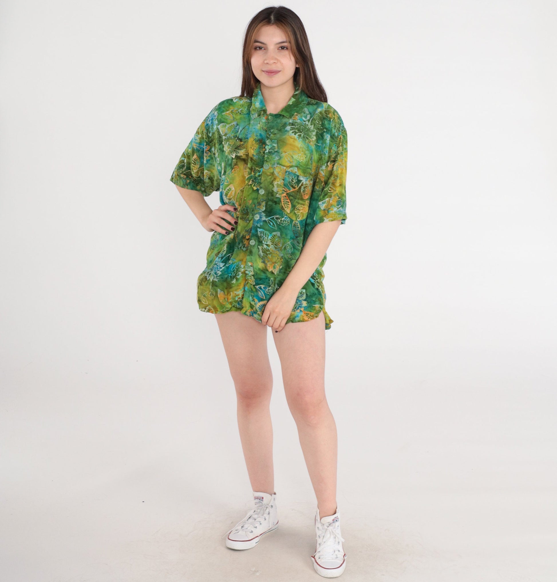 90s Tropical Floral Button Up Shirt Green Tie Dye Men's Large
