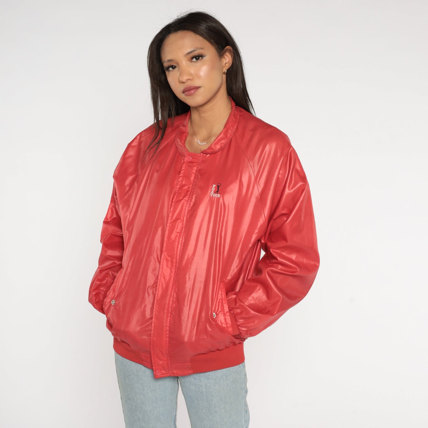 80s PGA Tour Bomber Jacket Red Nylon Raglan Windbreaker Medium