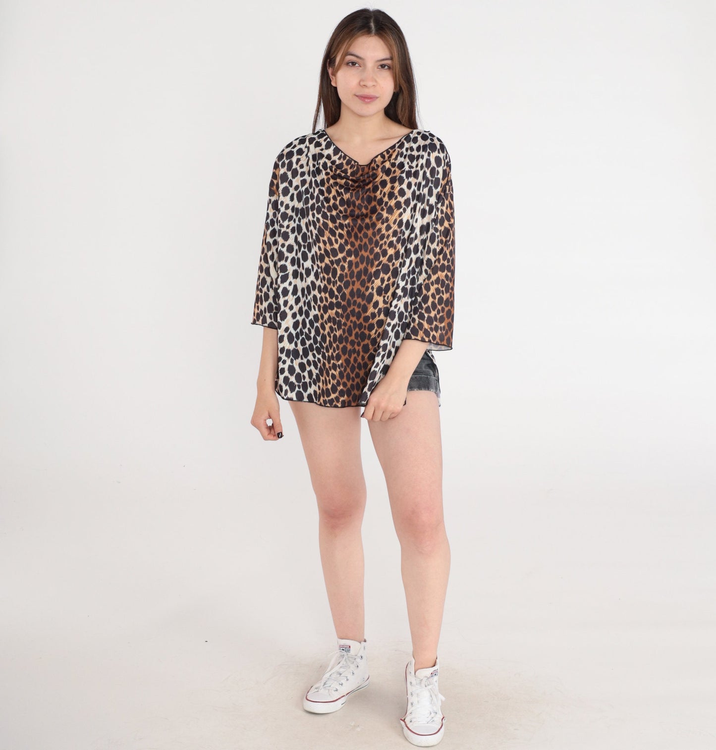 90s Leopard Print Cowl Neck Blouse 3/4 Sleeve Animal Print Medium Large