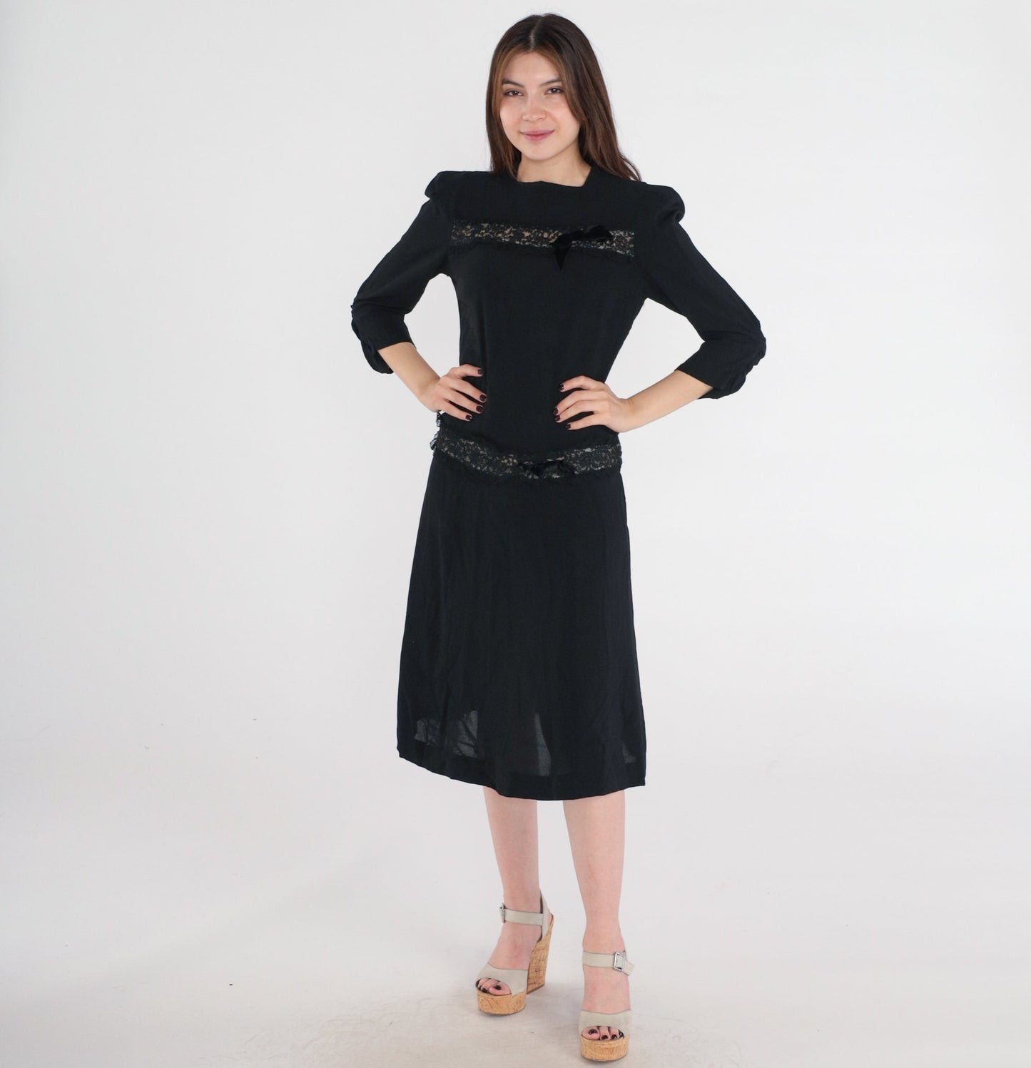 1950s Black Lace Trim Party Dress Shift Drop Waist Bow Tea Length Extra Small