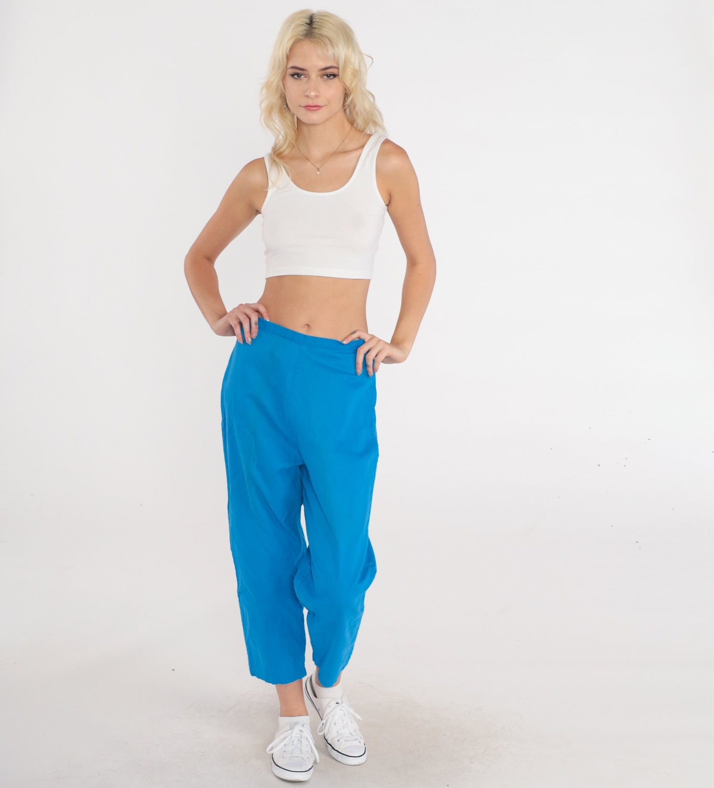 60s Bright Blue High-Waisted Cropped Trousers Side Zip Straight Leg Small