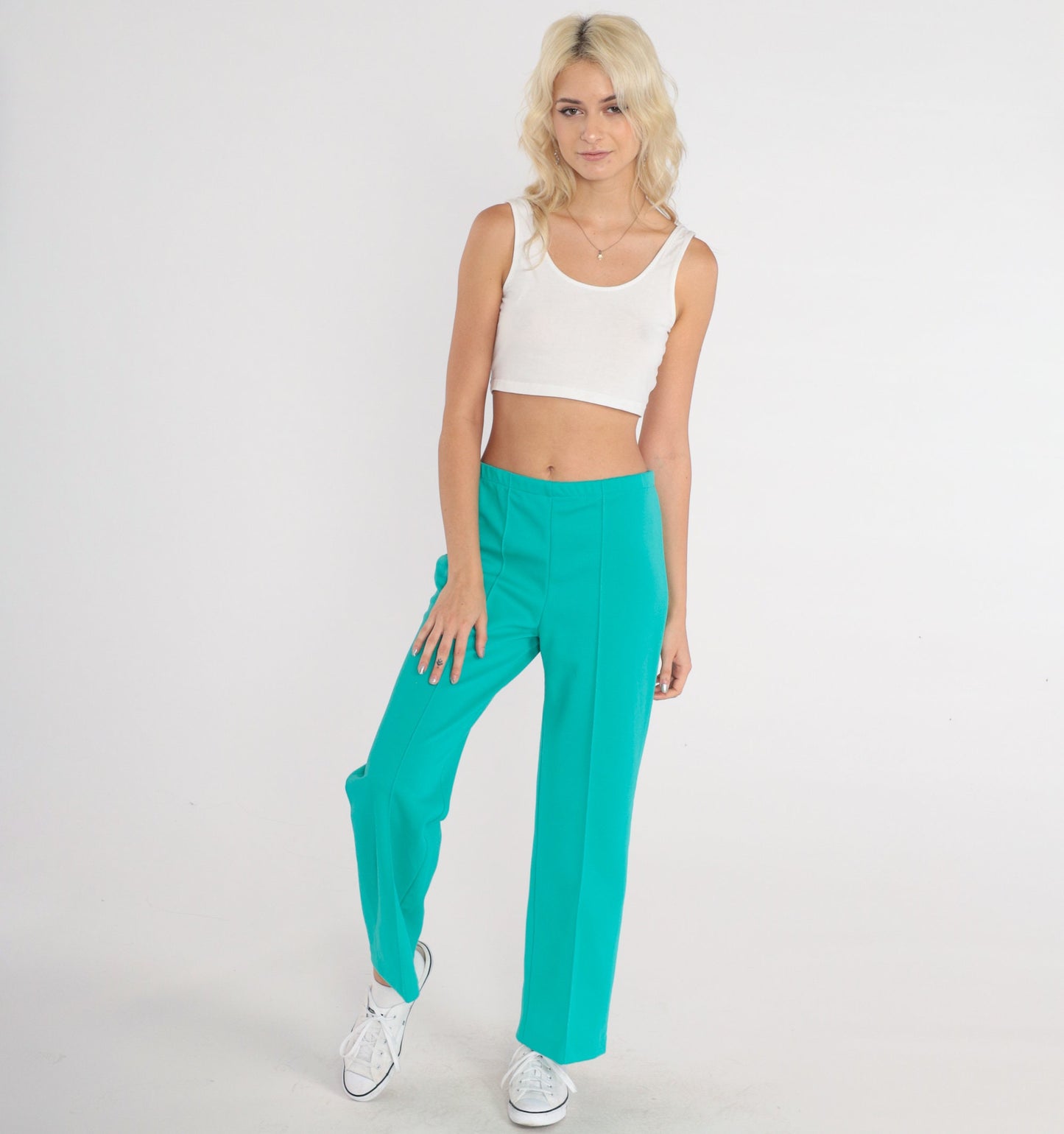 70s Turquoise High-Rise Straight Leg Trousers Elastic Waist Creased Medium