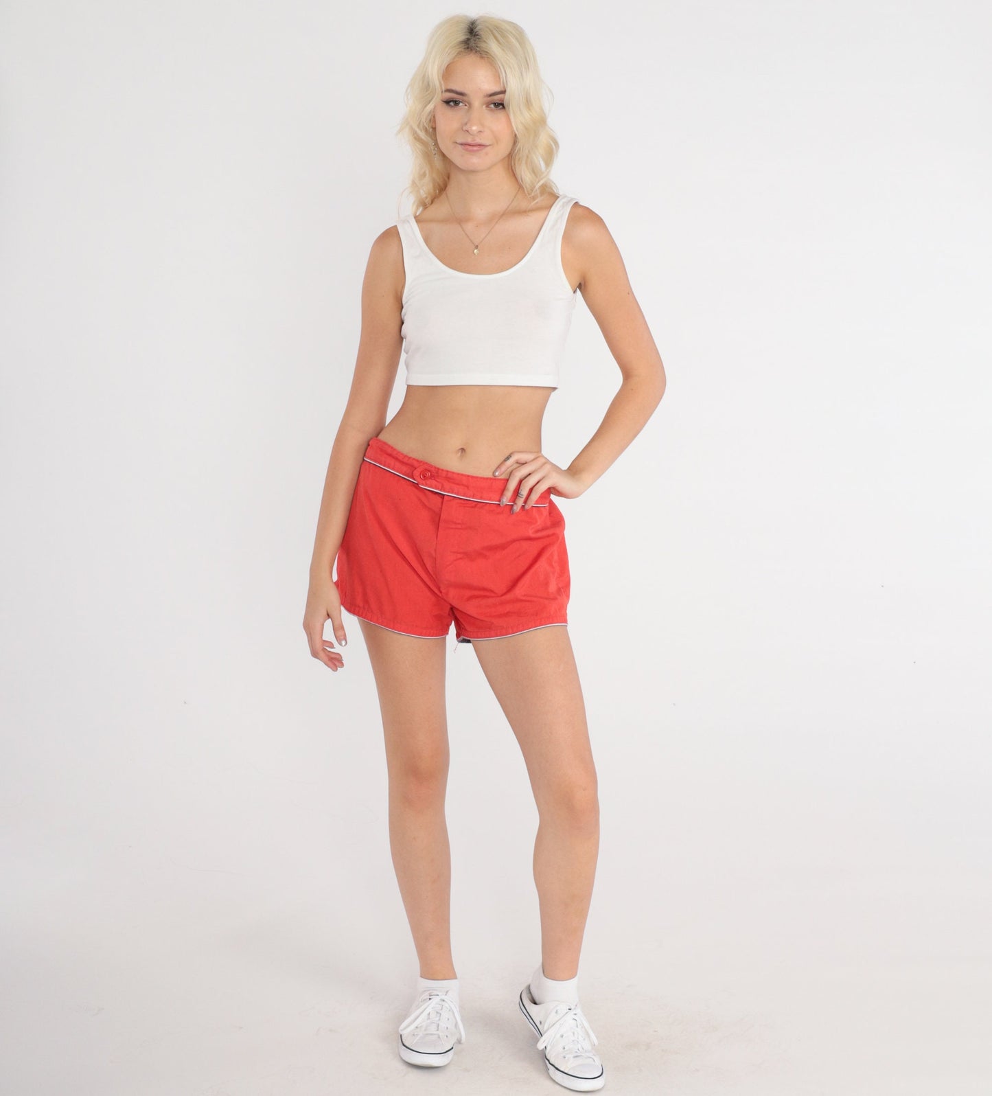 80s Red Ringer Swim Shorts Elastic Waist Board Shorts Medium