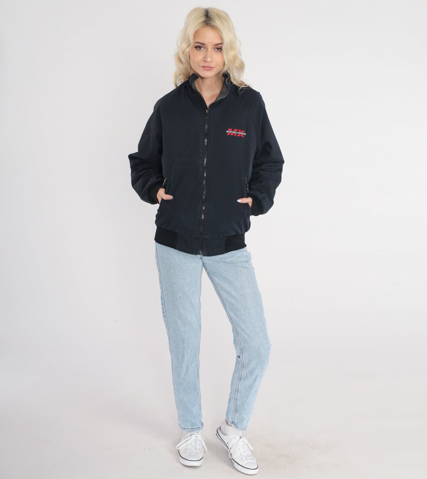 90s Montana Express Trucker Jacket Black Fleece Lined Windbreaker Small