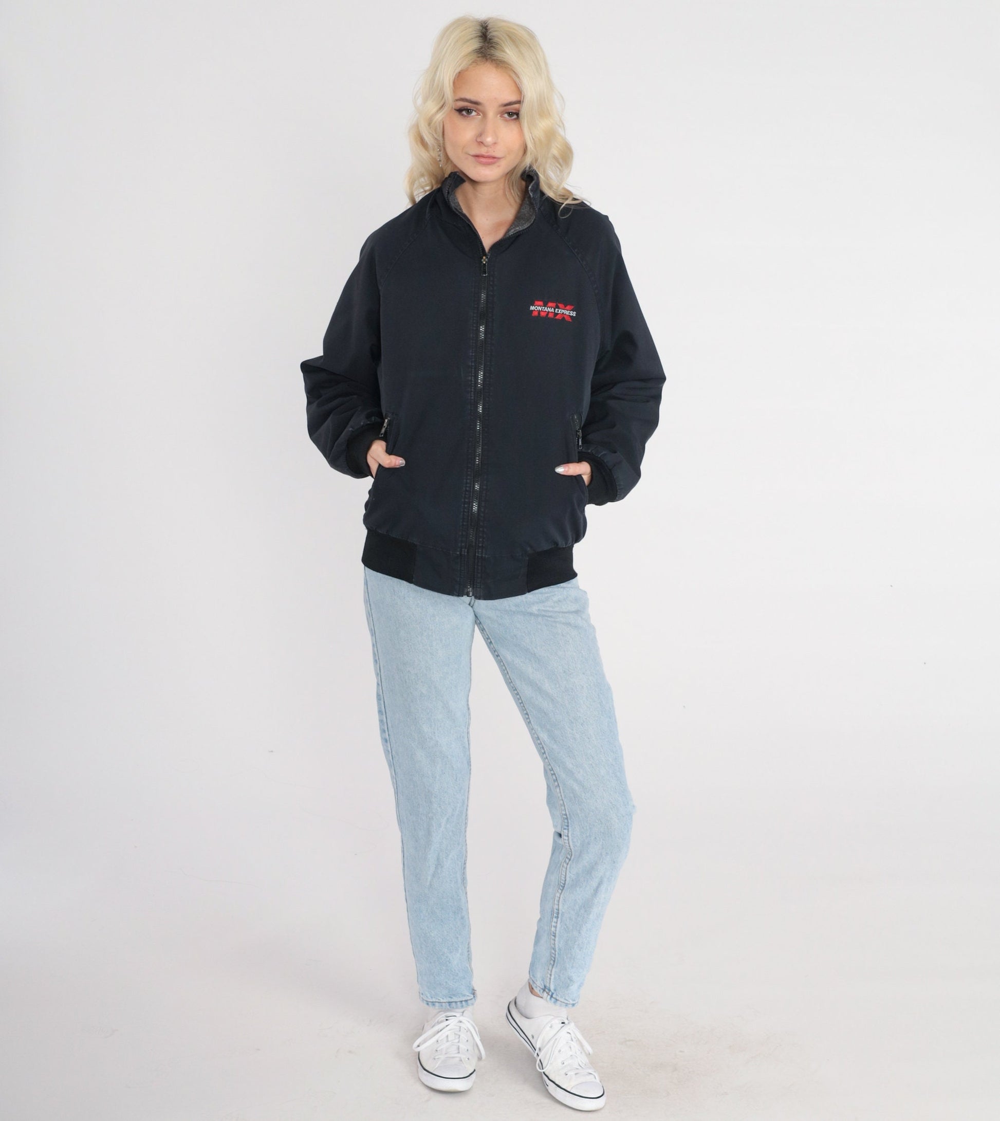 90s Montana Express Trucker Jacket Black Fleece Lined Windbreaker Small