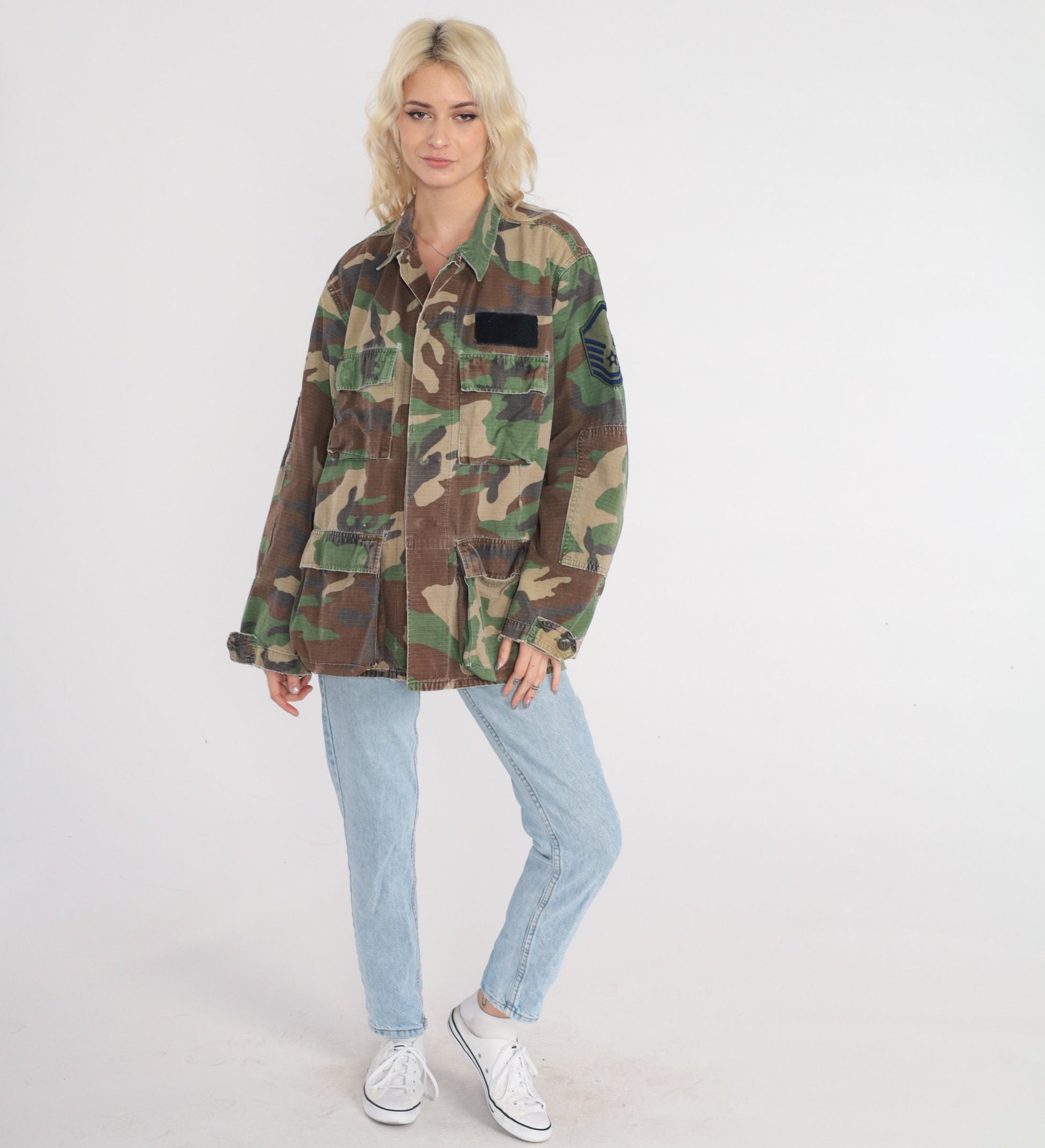 90s Camouflage Army Shirt Button Up Cargo Pockets Green Men's Medium