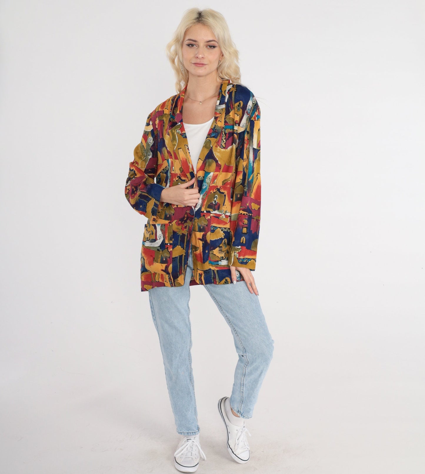 90s Camel Abstract Print Blazer Jacket Colorful Button-Up Collared Small S