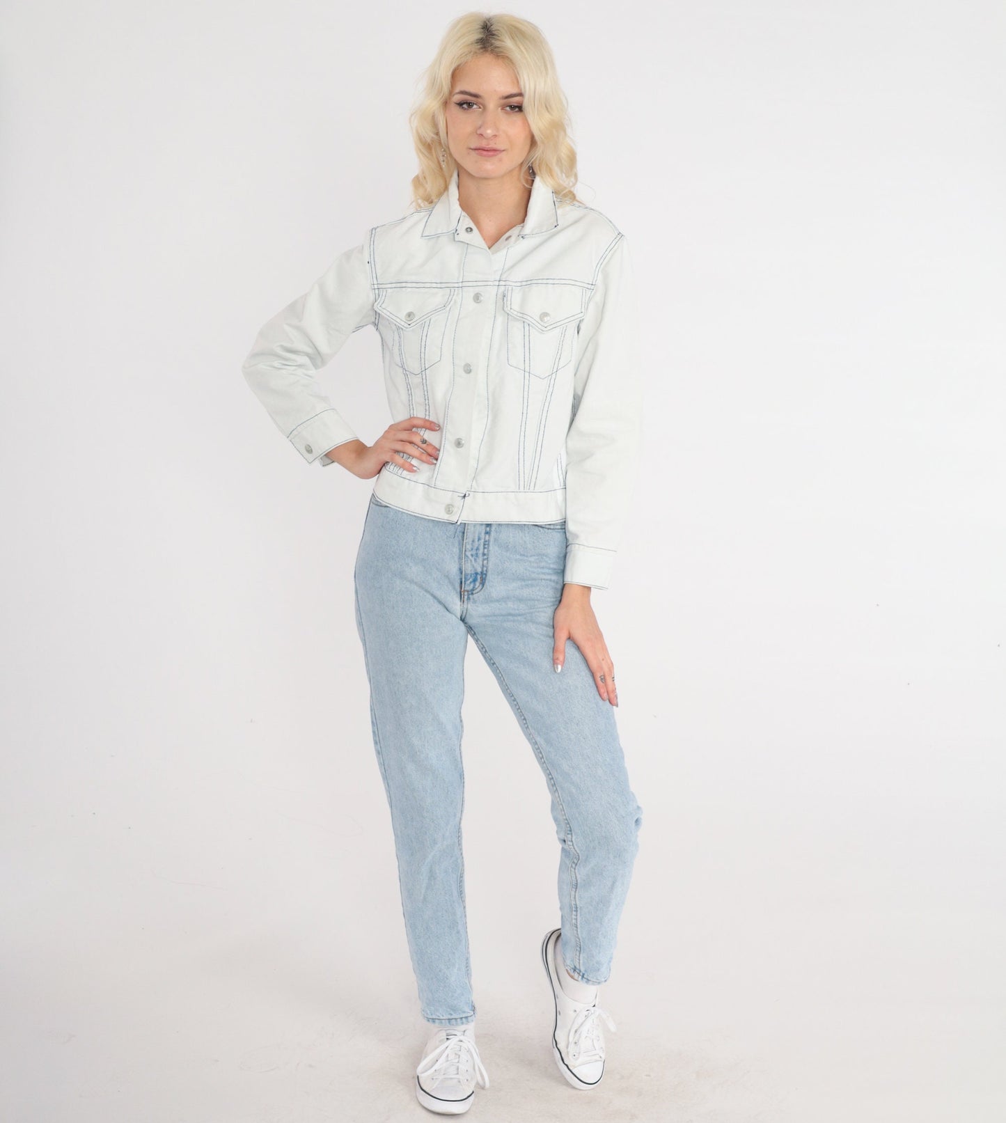 80s Levi's Denim Jacket White Stone Wash Cropped Button Up Extra Small