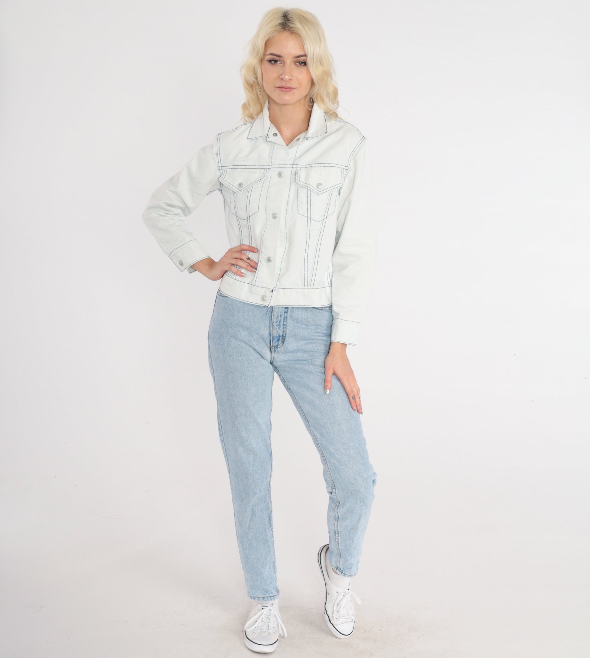 80s Levi's Denim Jacket White Stone Wash Cropped Button Up Extra Small
