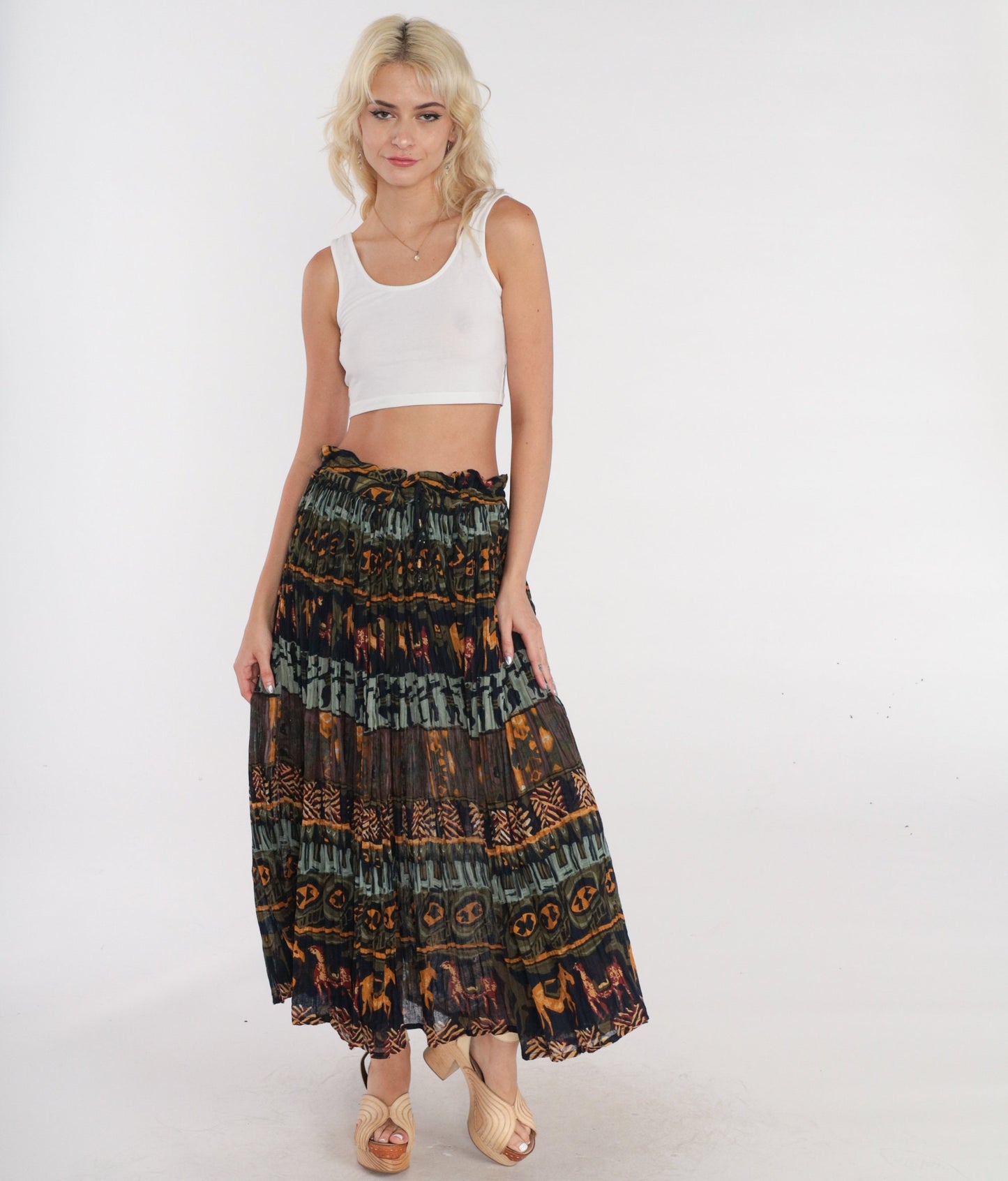 90s Geometric Horse Print Broomstick Skirt Olive Green Drawstring Medium Large