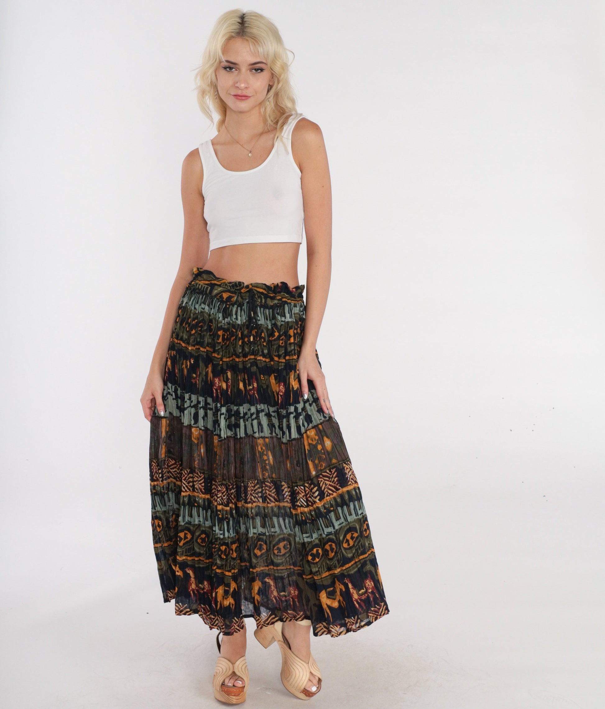 90s Geometric Horse Print Broomstick Skirt Olive Green Drawstring Medium Large