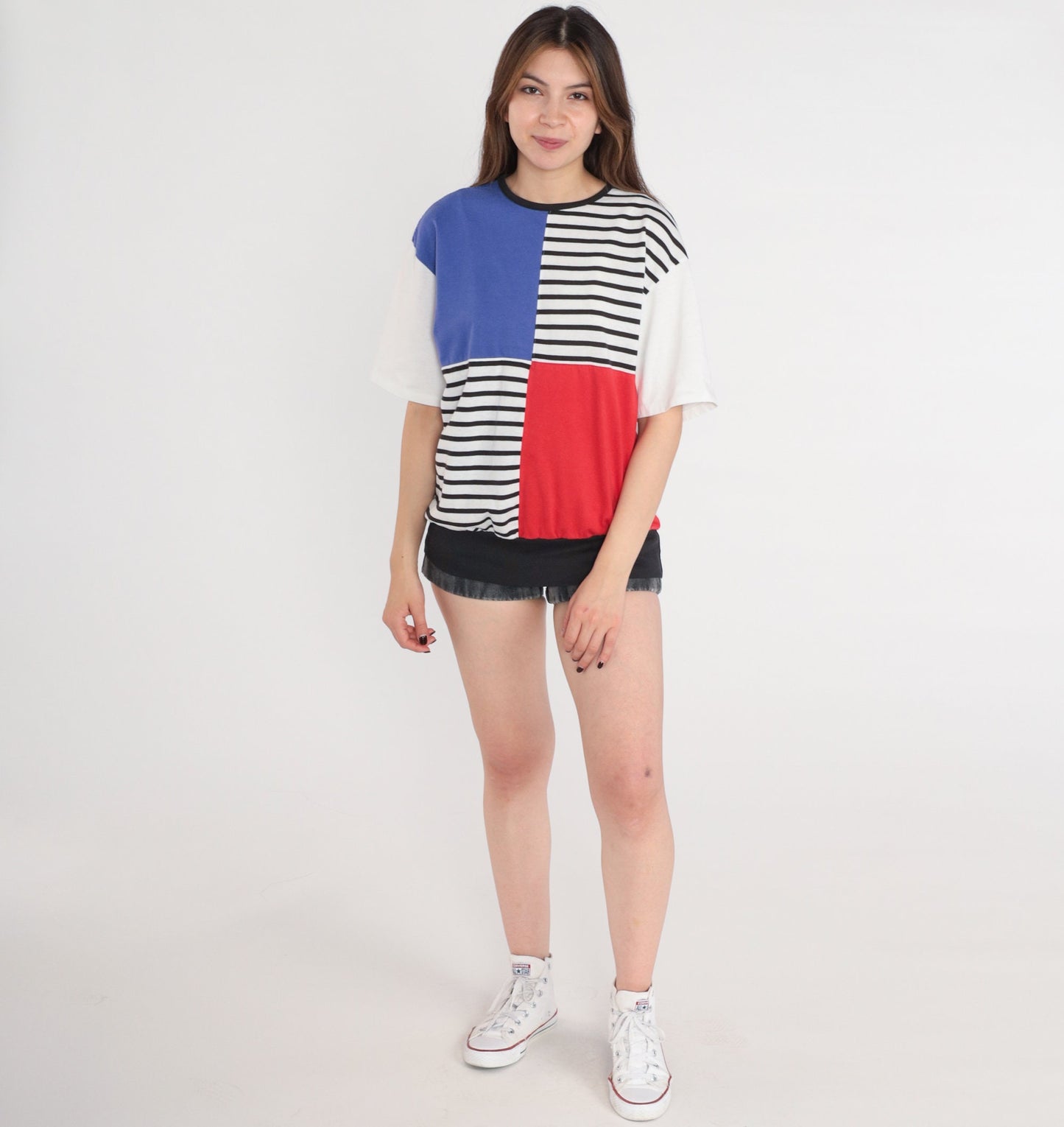 90s Striped Colour Block T-Shirt White Black Red Blue Short Sleeve Medium M