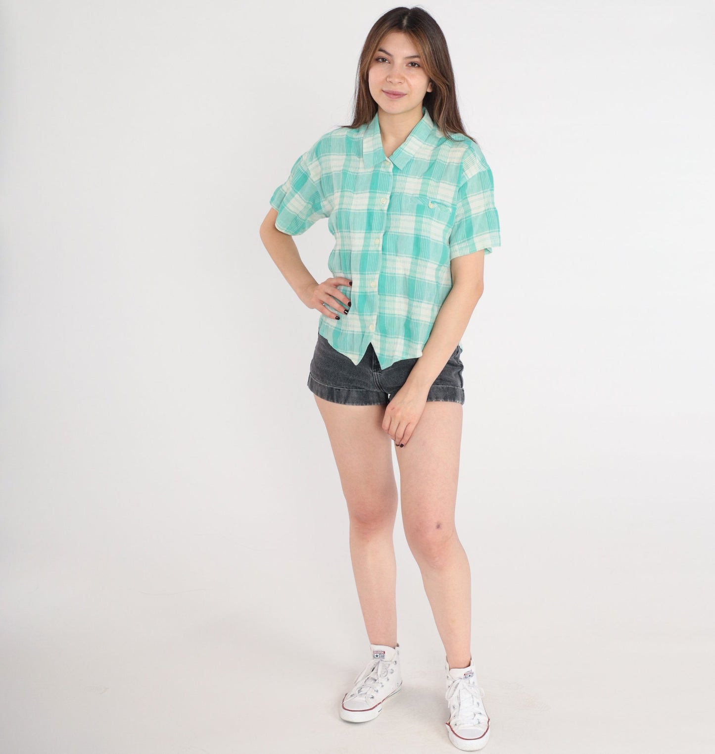 90s Plaid Button Up Blouse White Mint Green Checkered Short Sleeve Medium