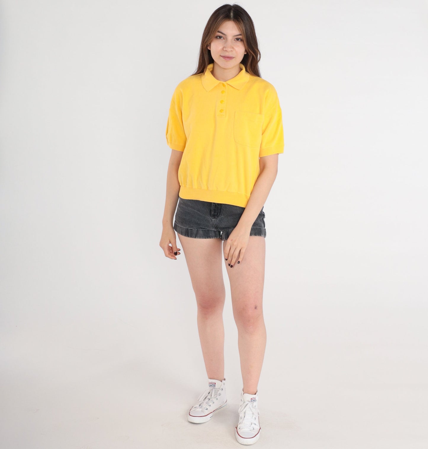 80s Yellow Polo Shirt Cotton Blend Chest Pocket Short Sleeve Medium
