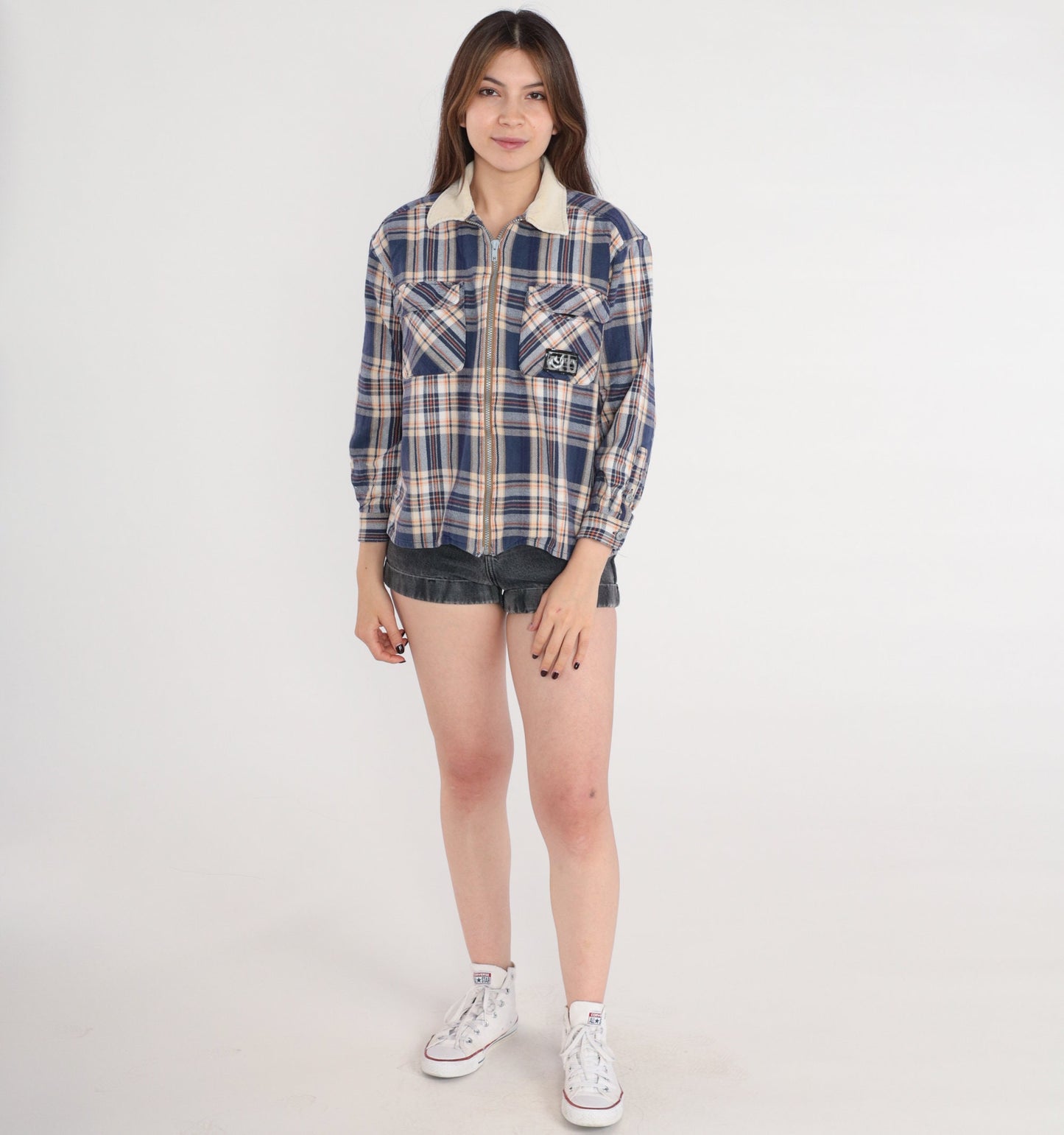 90s Canyon River Blues Plaid Zip Shirt Corduroy Collar Navy Cream Medium