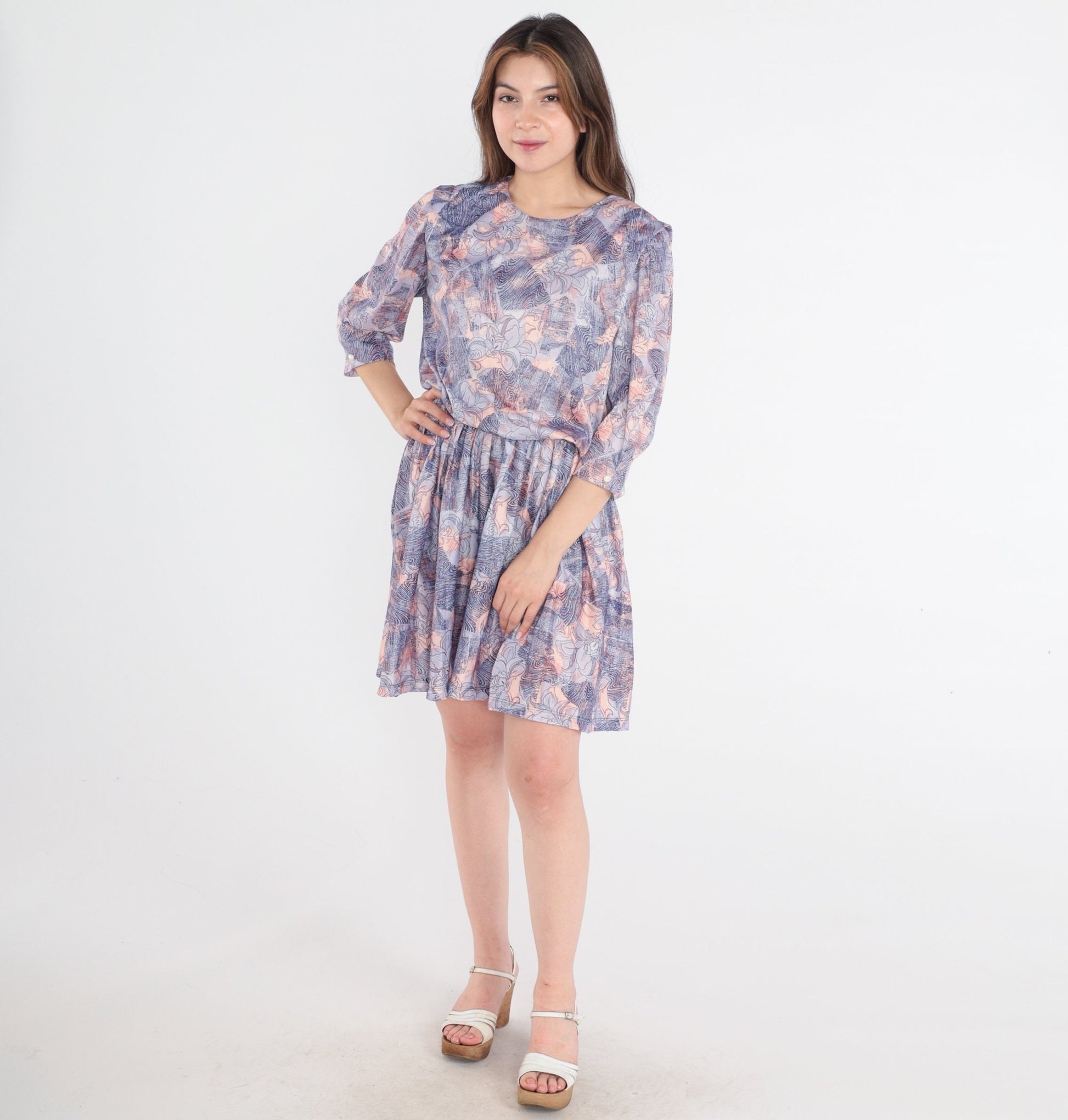 80s Floral Mini Dress Purple Peach Navy 3/4 Sleeve High Waisted Medium