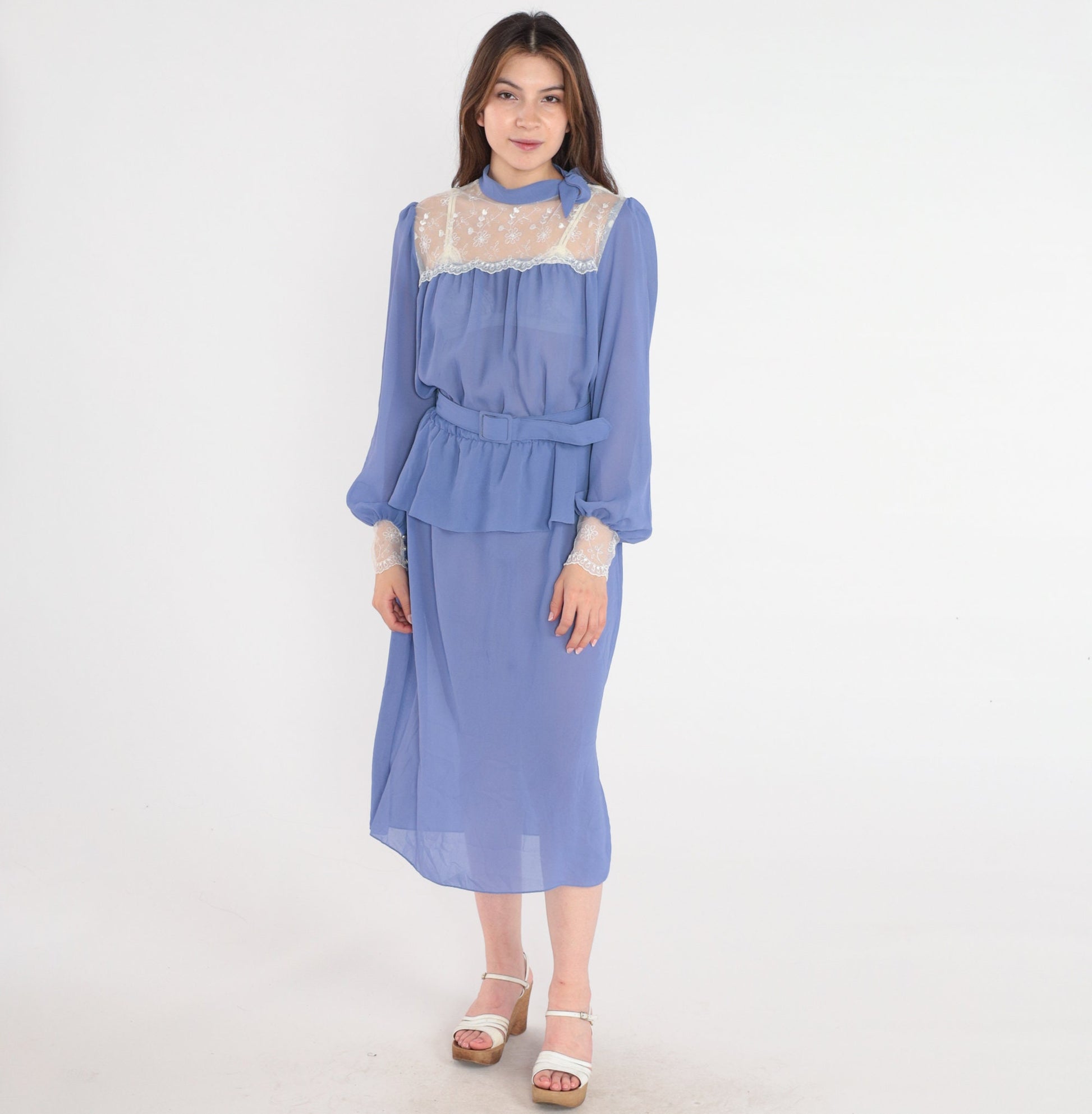 80s Purple Chiffon Midi Dress Lace Illusion Neckline Puff Sleeve Peplum Medium