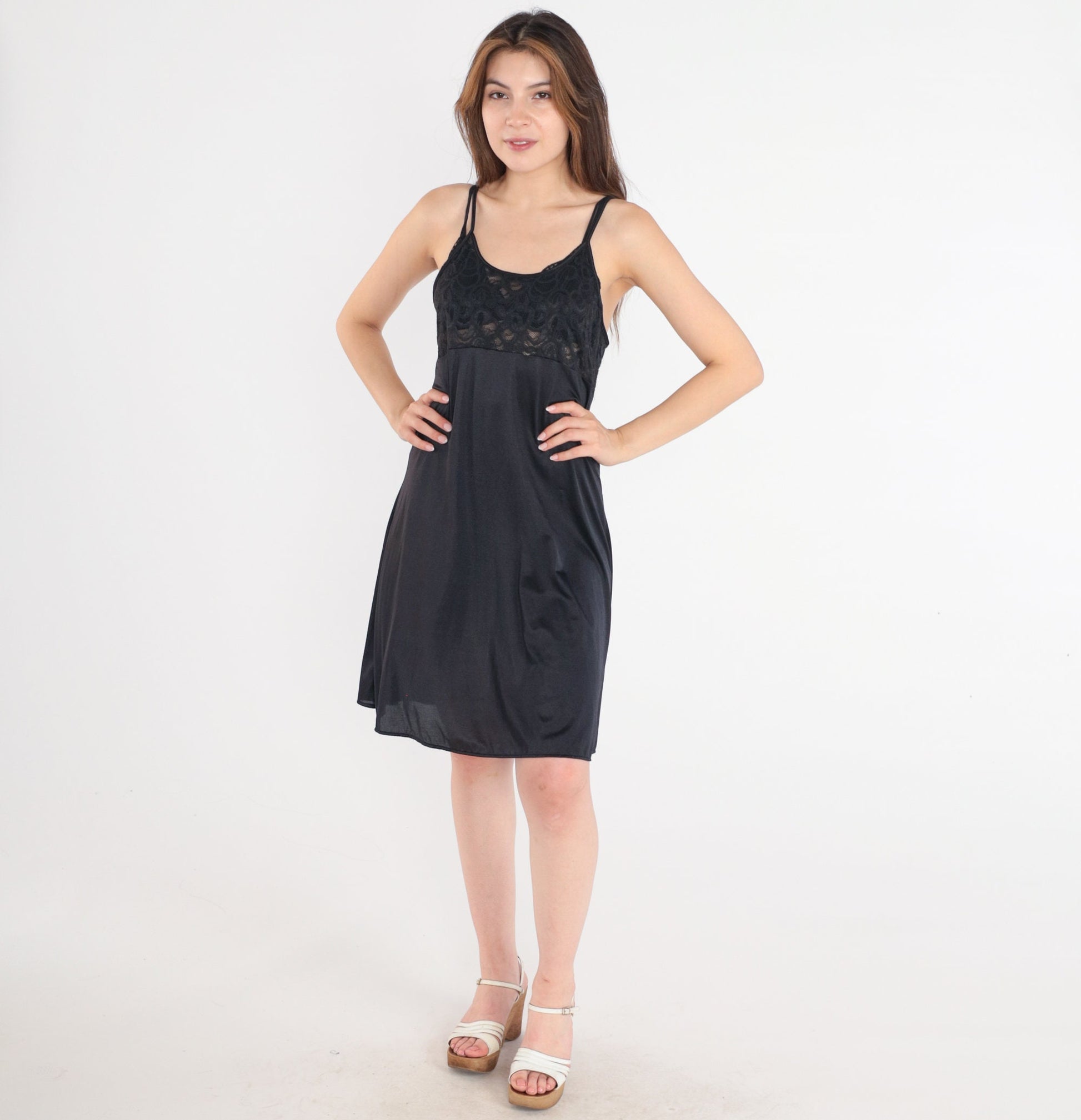 Y2K Black Sheer Lace Slip Dress Spaghetti Strap Mini Nightgown Large L