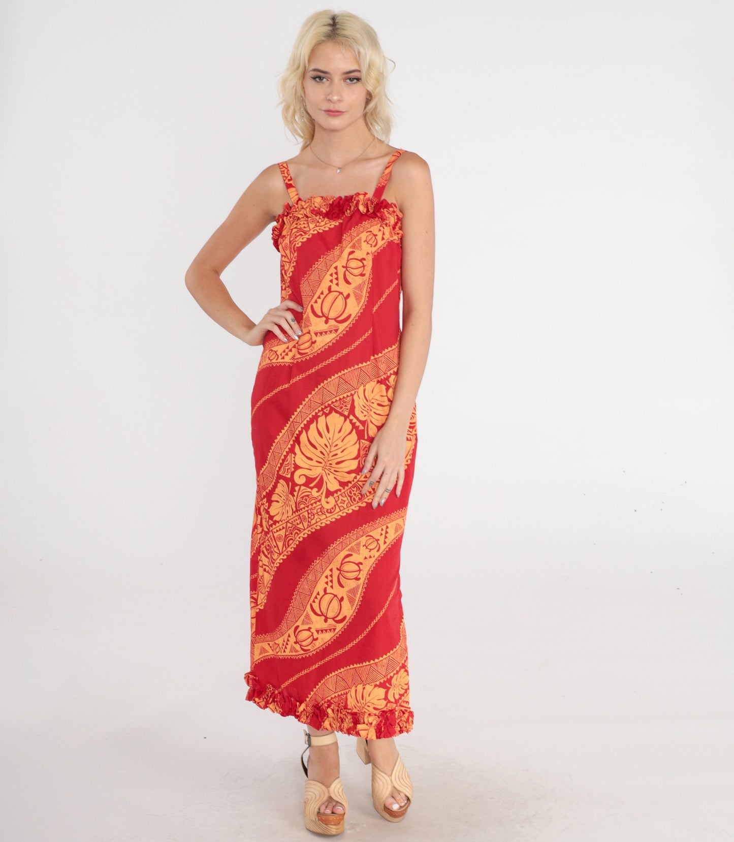 90s Hawaiian Sun Dress Maxi Sea Turtle Print Red Tropical Sundress XS