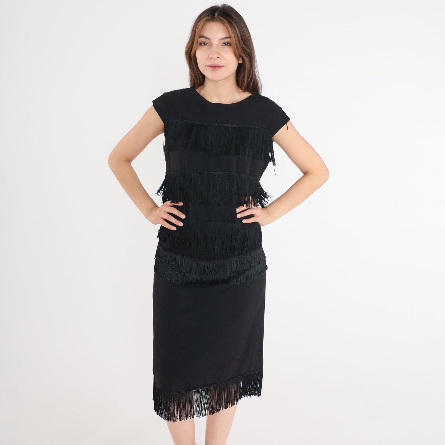 60s Black Fringe Shift Dress Cap Sleeve Cocktail Midi Medium