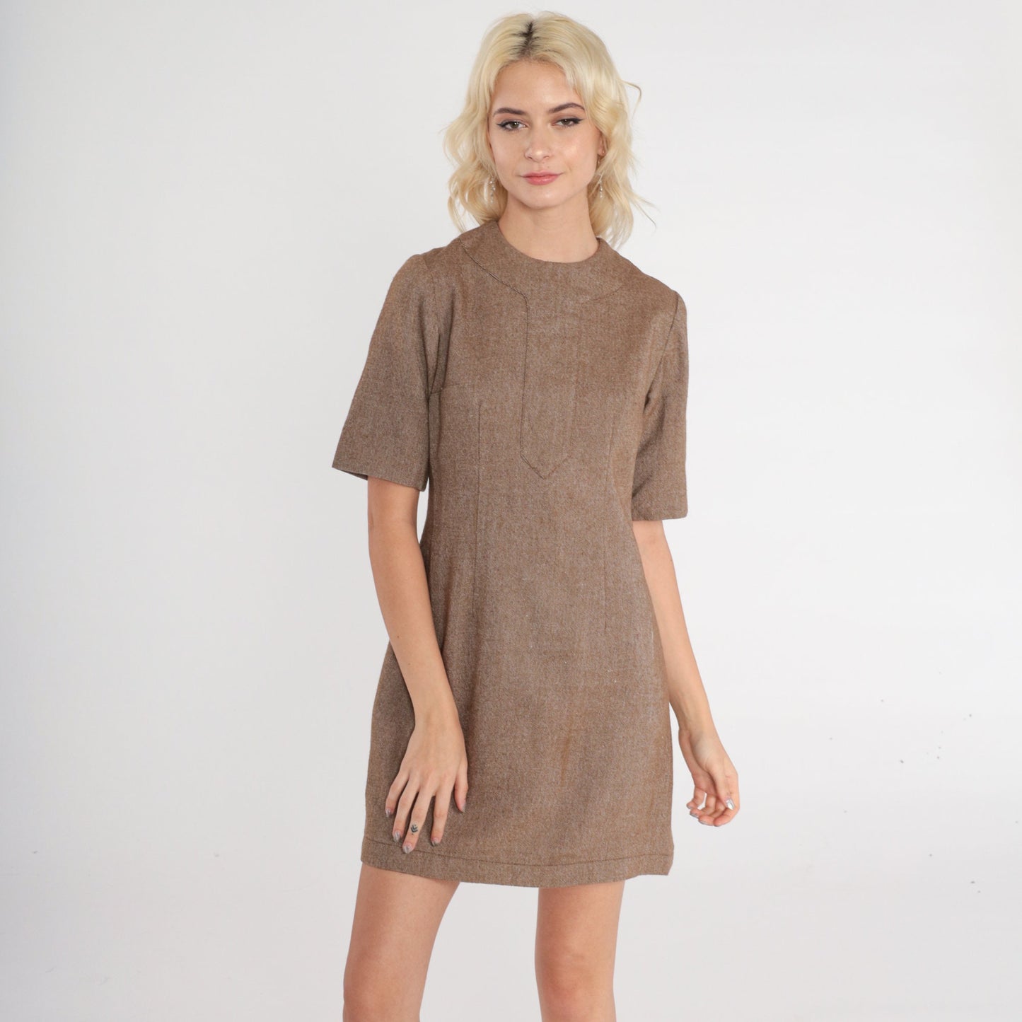 60s Brown Wool Mini Dress Mod Sheath Short Sleeve Extra Small