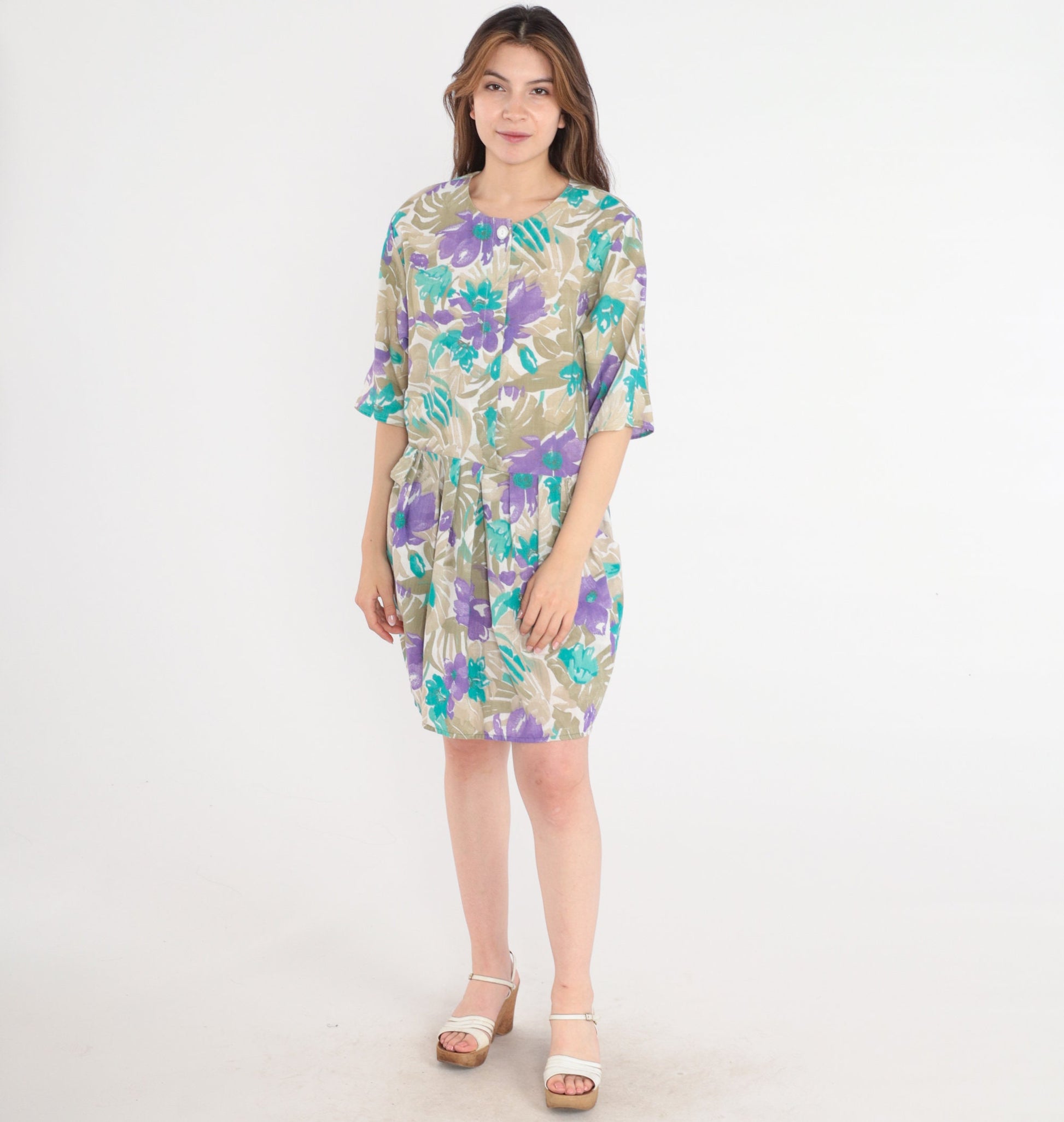 80s Floral Mini Dress Button Front Pleated Pockets Khaki Purple Large