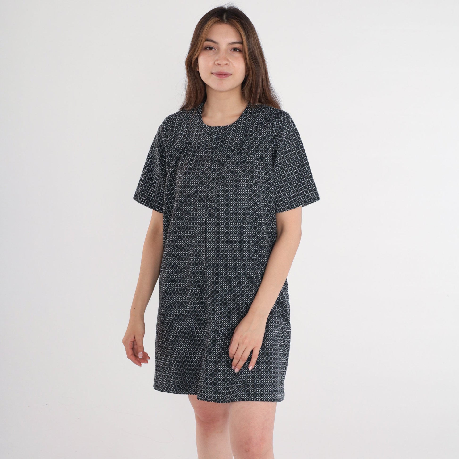 60s Mod Mini Dress Geometric Print Black White Front Zip Shift Medium